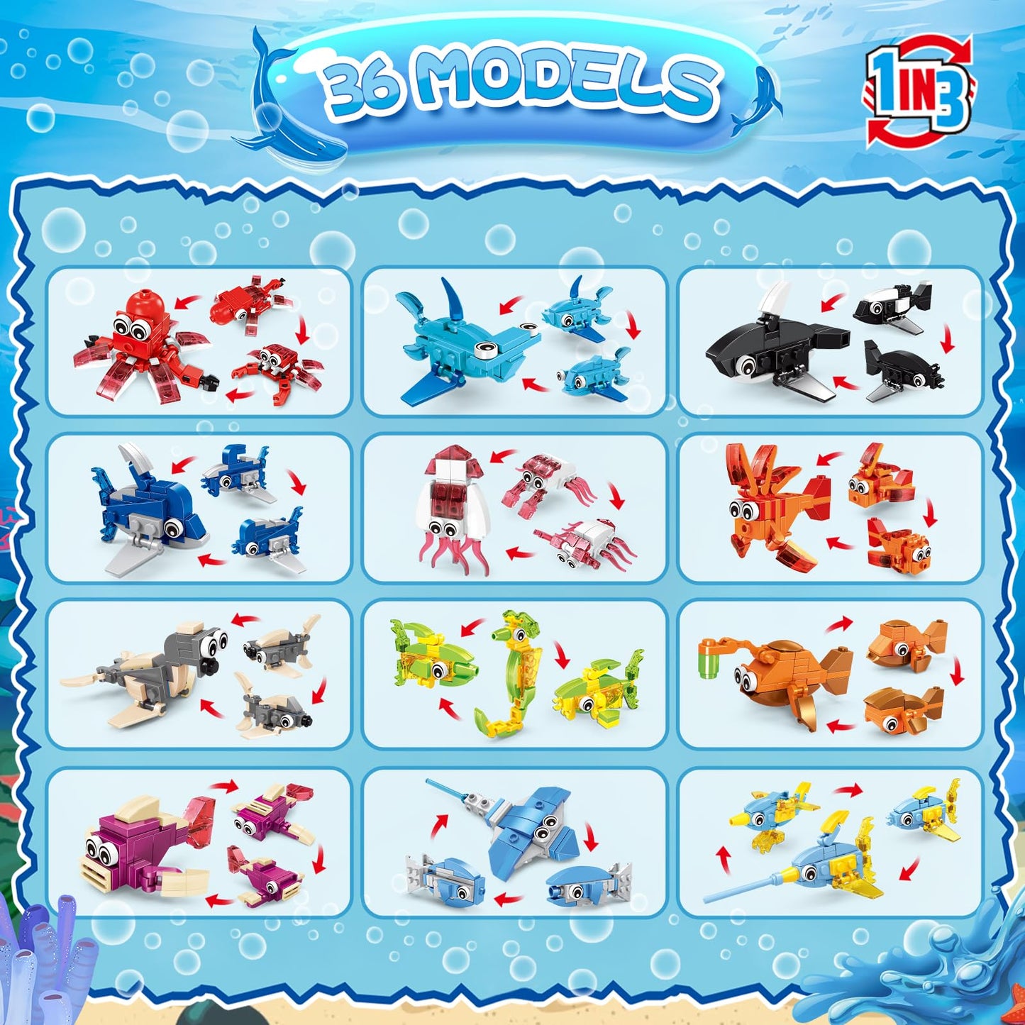 VOPOGLNE Marine Animals Building Blocks Set – 36 Packs, 999 Pieces for Kids 6–12