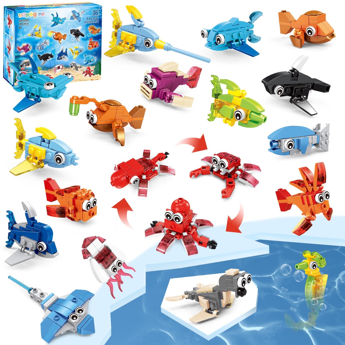 VOPOGLNE Marine Animals Building Blocks Set – 36 Packs, 999 Pieces for Kids 6–12