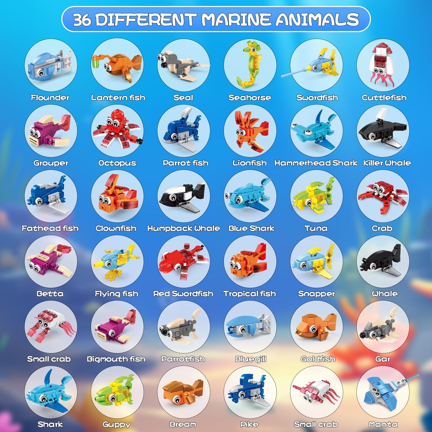 VOPOGLNE Marine Animals Building Blocks Set – 36 Packs, 999 Pieces for Kids 6–12
