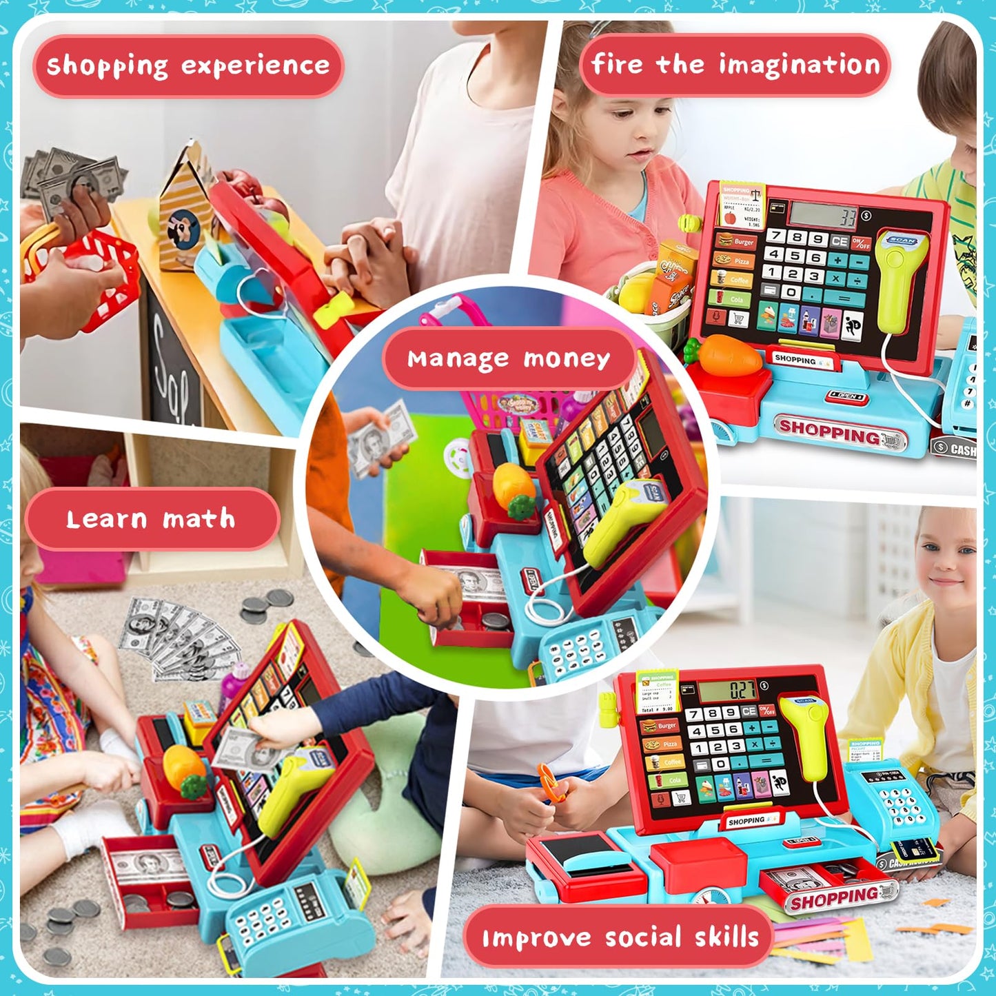 VOPOGLNE Cash Register Playset for Kids – Real Calculator, Music & Pretend Store