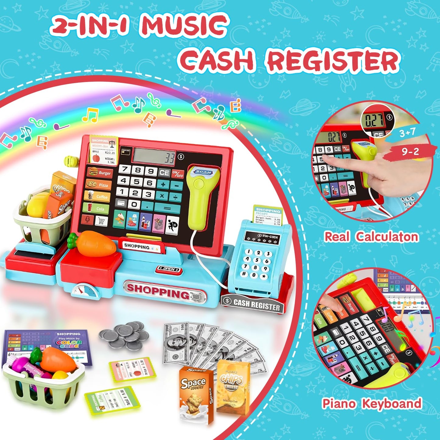 VOPOGLNE Cash Register Playset for Kids – Real Calculator, Music & Pretend Store