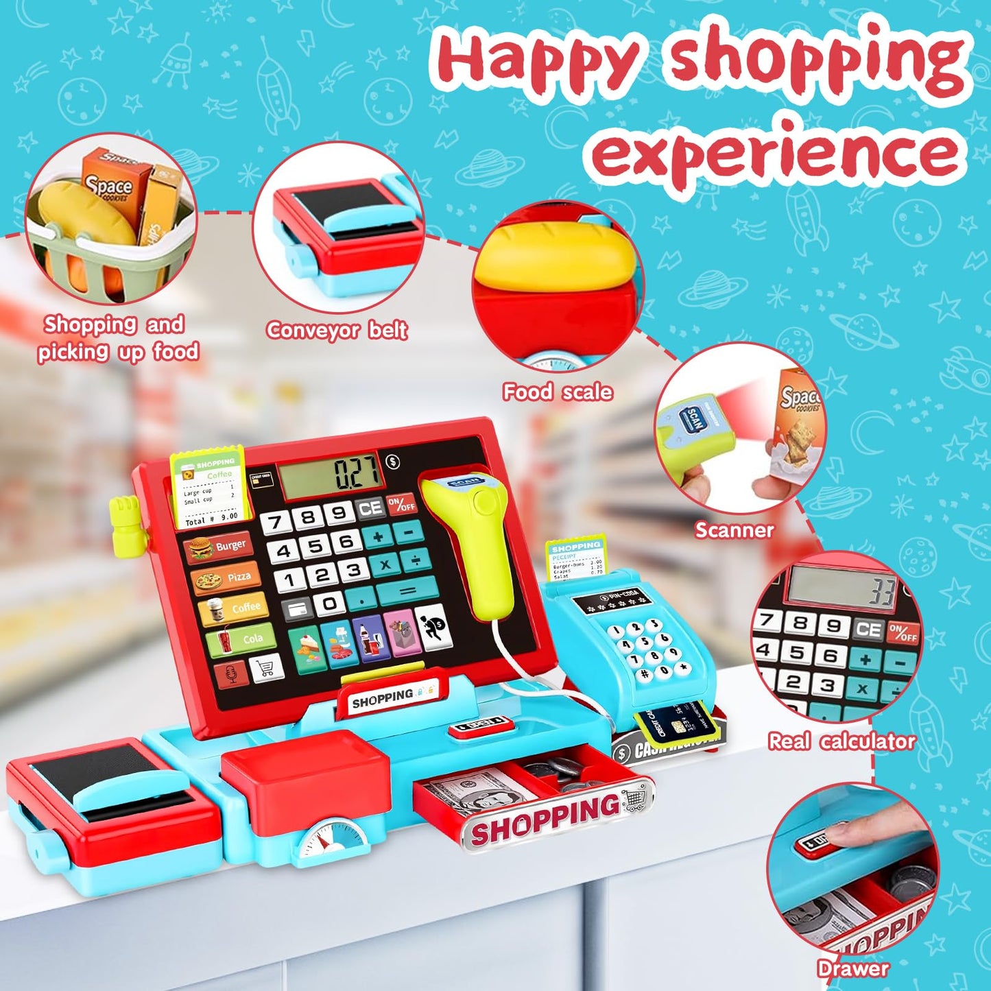VOPOGLNE Cash Register Playset for Kids – Real Calculator, Music & Pretend Store