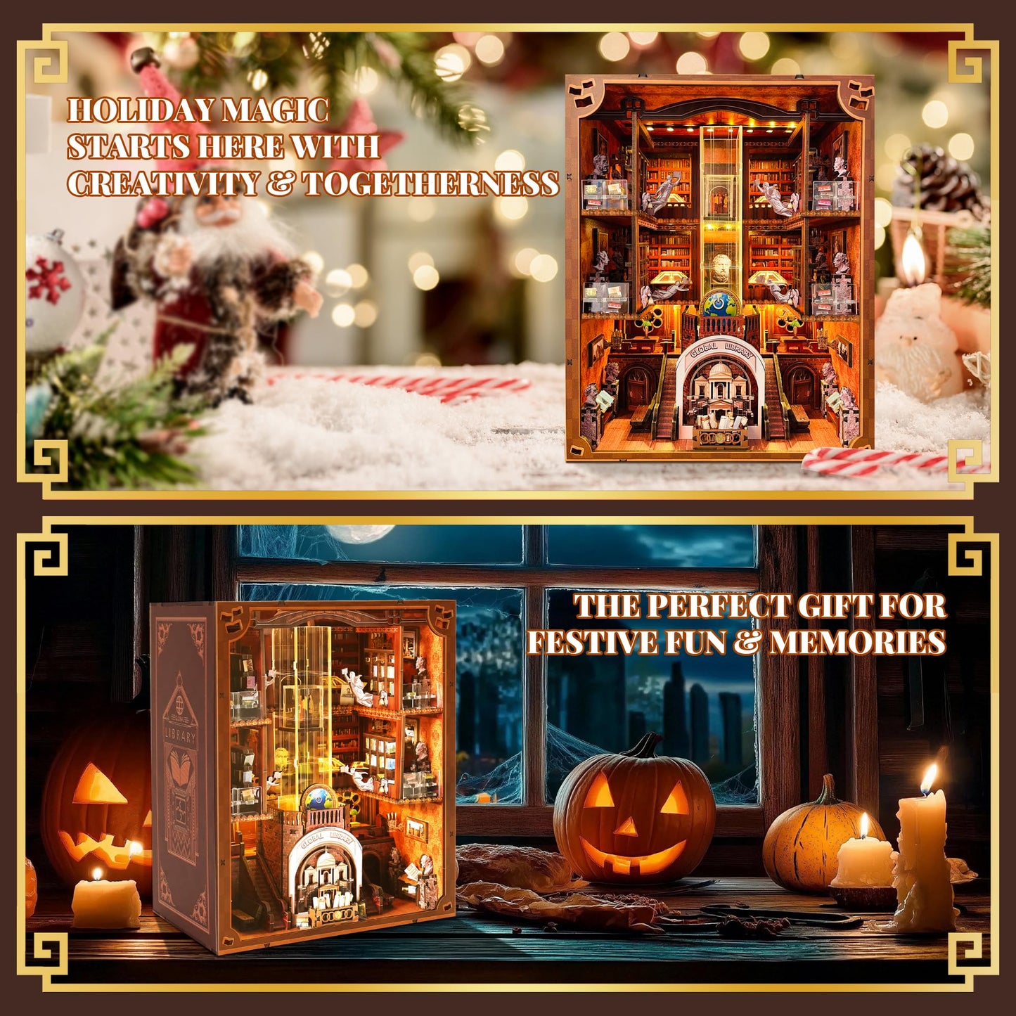 VORATHIS Book Nook Kit — Library Dollhouse with LED Light and Dual Power