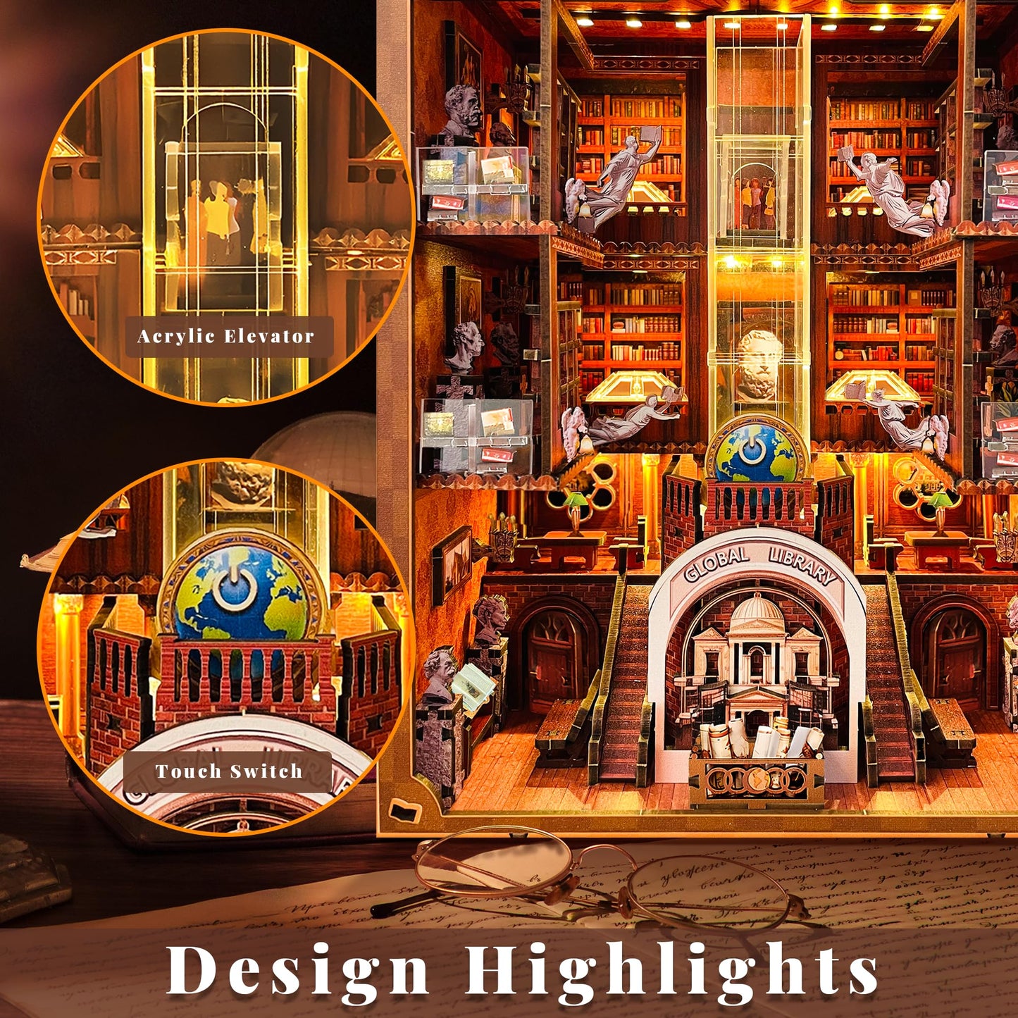 VORATHIS Book Nook Kit — Library Dollhouse with LED Light and Dual Power