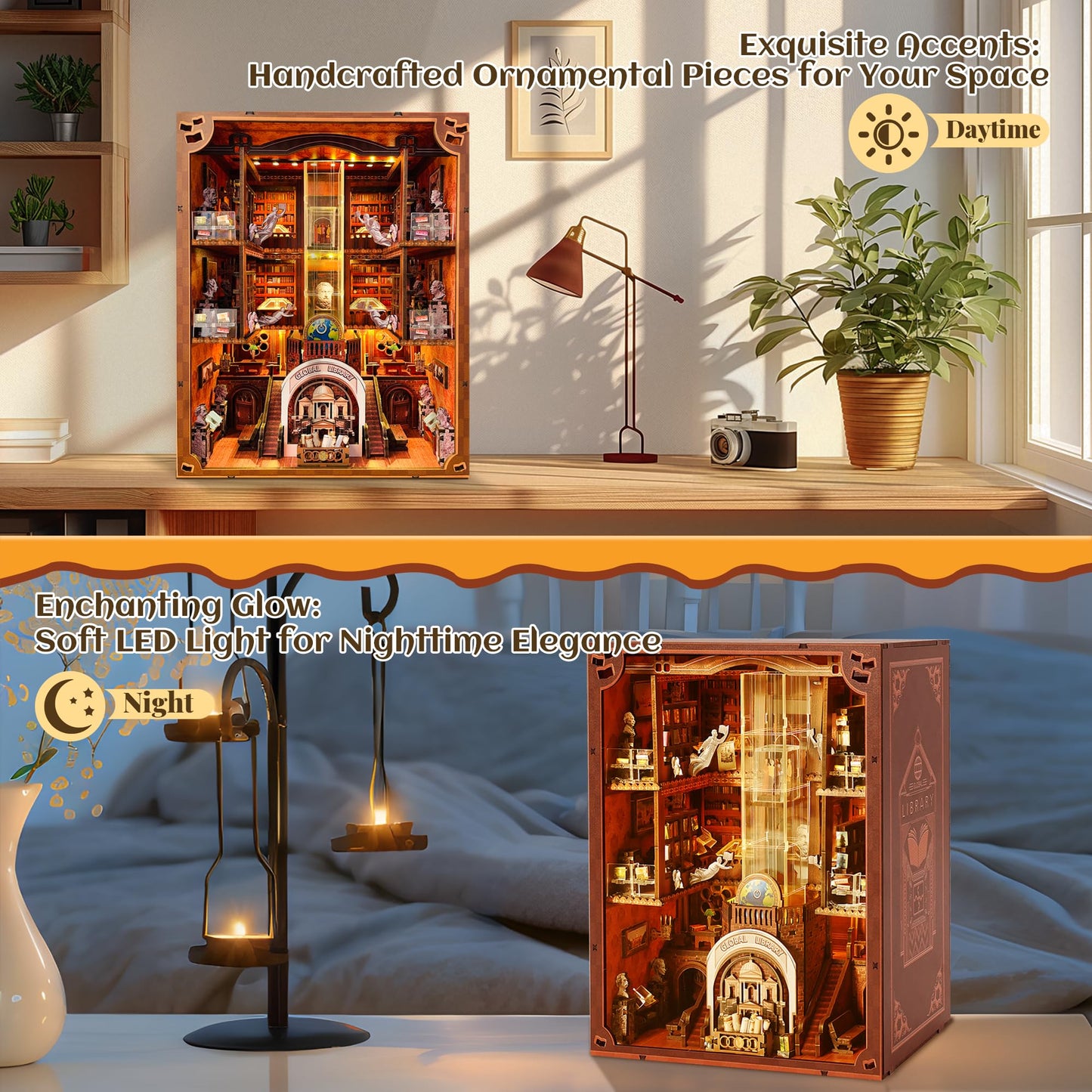 VORATHIS Book Nook Kit — Library Dollhouse with LED Light and Dual Power
