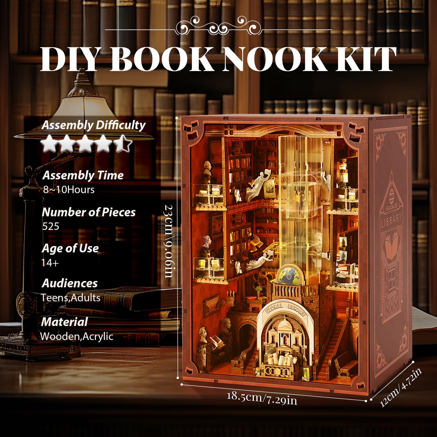 VORATHIS Book Nook Kit — Library Dollhouse with LED Light and Dual Power