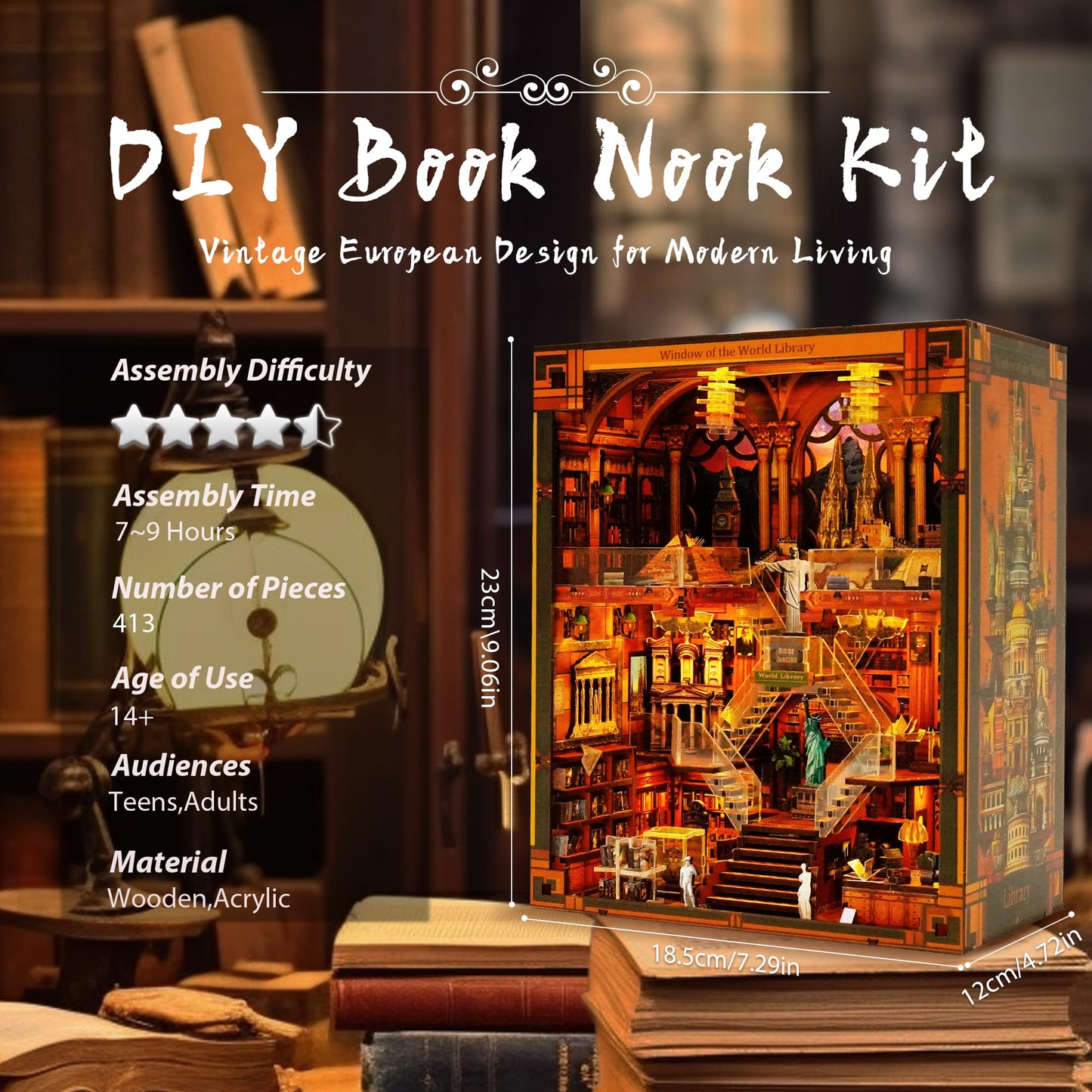 VORATHIS Book Nook Kit – DIY Miniature World Library with LED Lighting