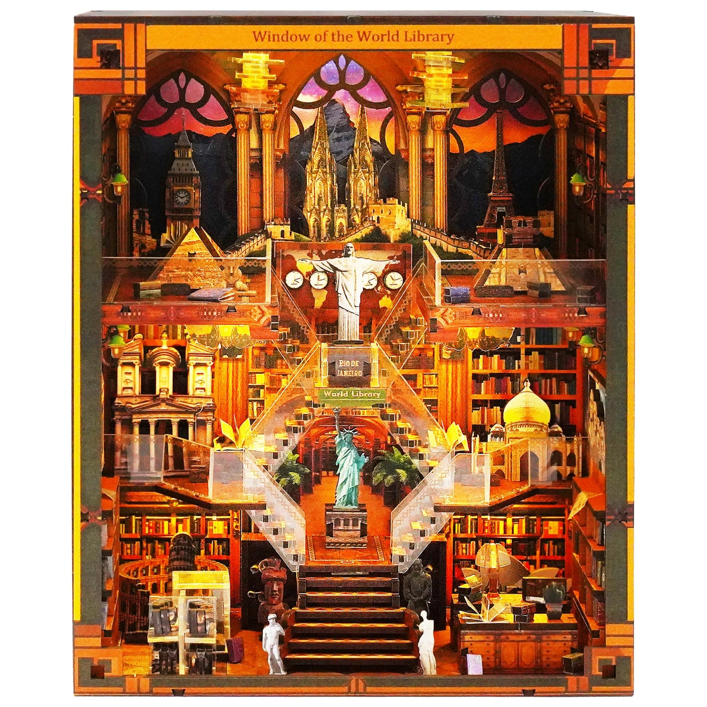 VORATHIS World Library Book Nook Kit – 3D Wooden Puzzle with LED Lights