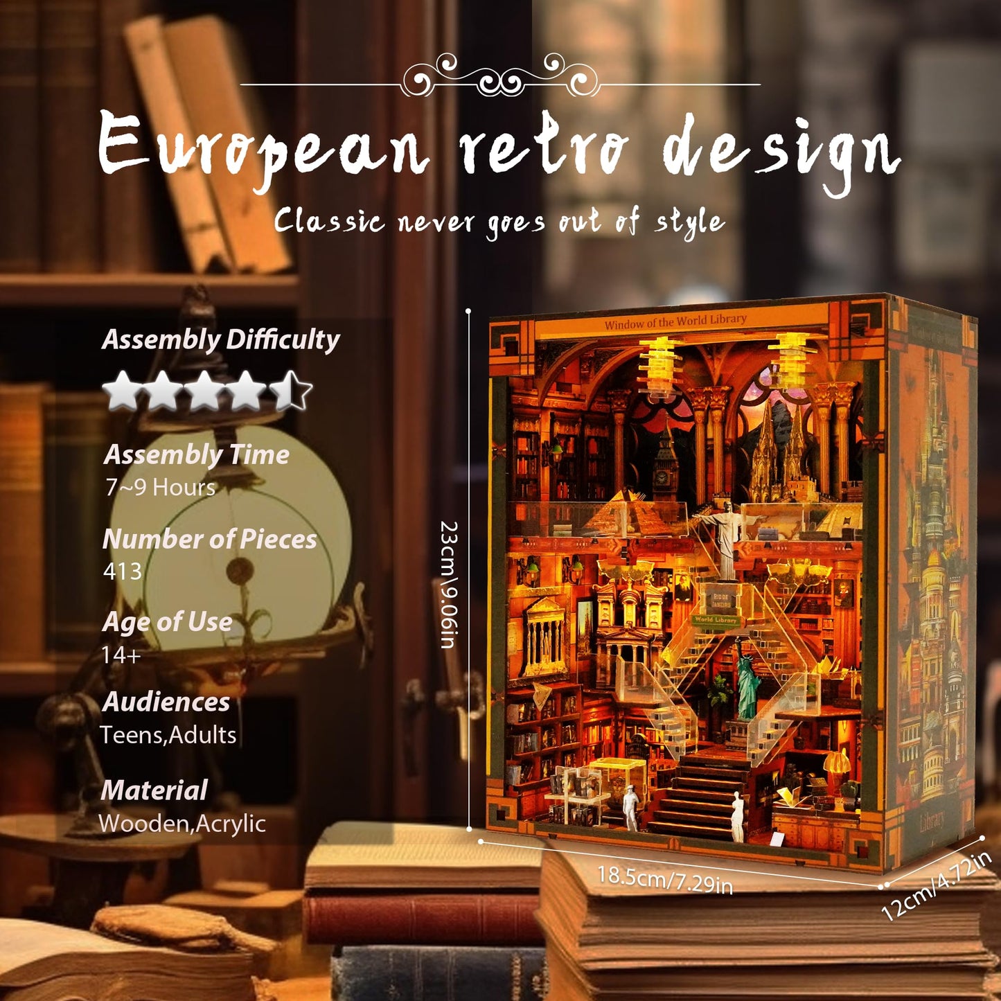 VORATHIS World Library Book Nook Kit – 3D Wooden Puzzle with LED Lights