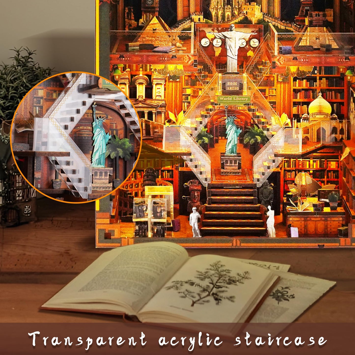 VORATHIS World Library Book Nook Kit – 3D Wooden Puzzle with LED Lights