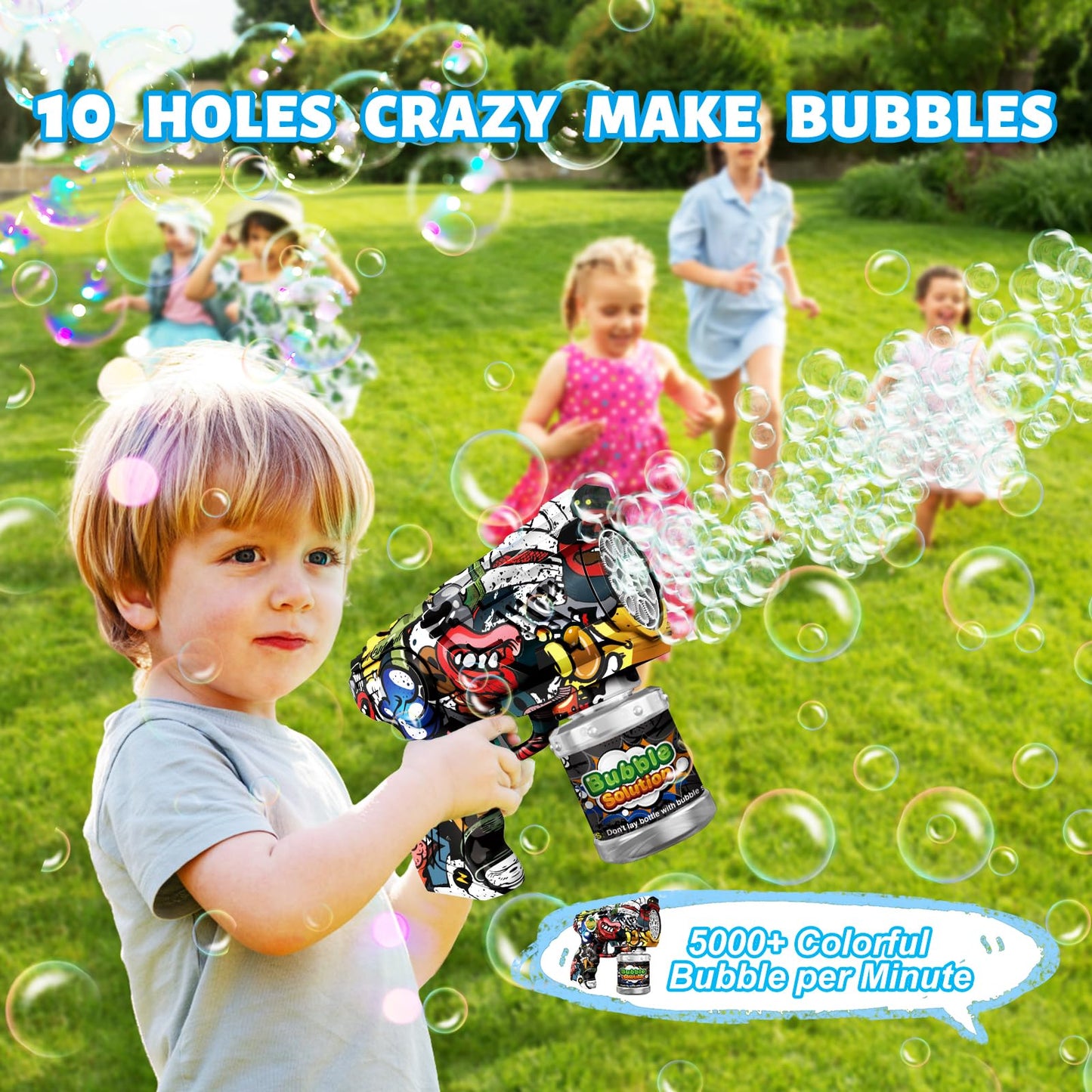 VORBLIX Bubble Gun for Kids – LED Lights, 10-Hole Bubble Machine, Leak-Proof (Ages 3-8)
