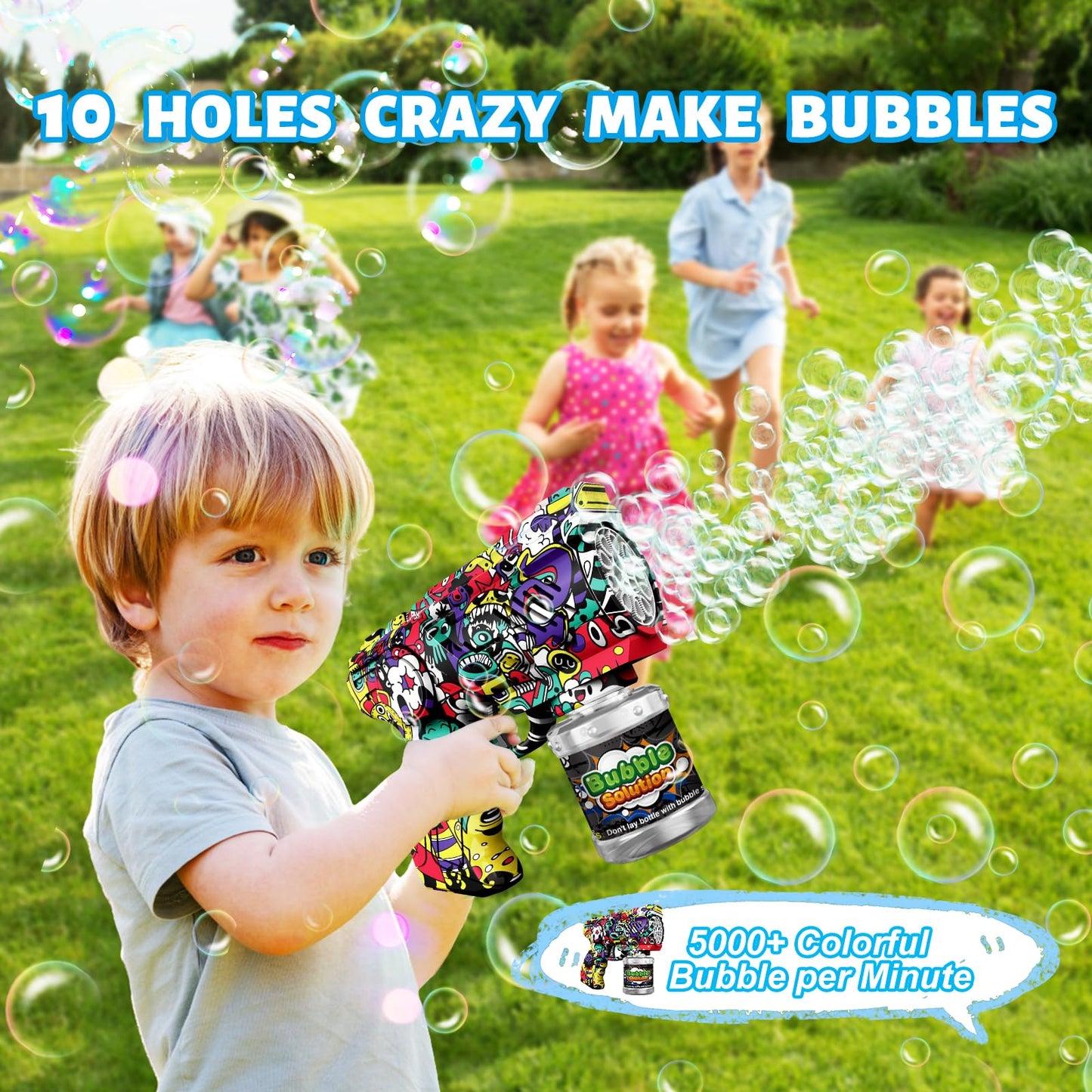 VORBLIX Bubble Gun with LED Lights - 10-Hole Auto Bubble Machine for Kids 3-8