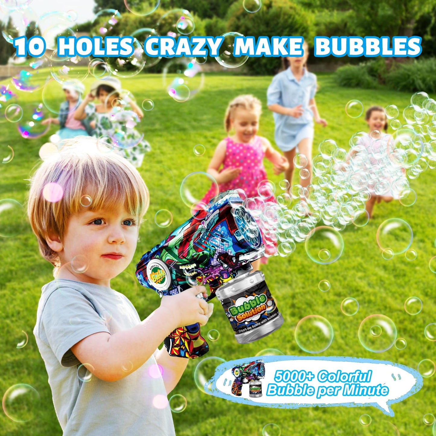 VORBLIX Bubble Gun for Kids — LED Lights, 10-Hole Auto Bubble Machine, Leak-Proof Design