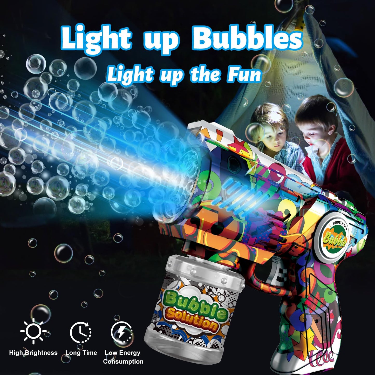 VORBLIX Bubble Gun with LED Lights | 10-Hole Auto Bubble Machine for Kids 3-8 | Leak-Proof Outdoor Toy