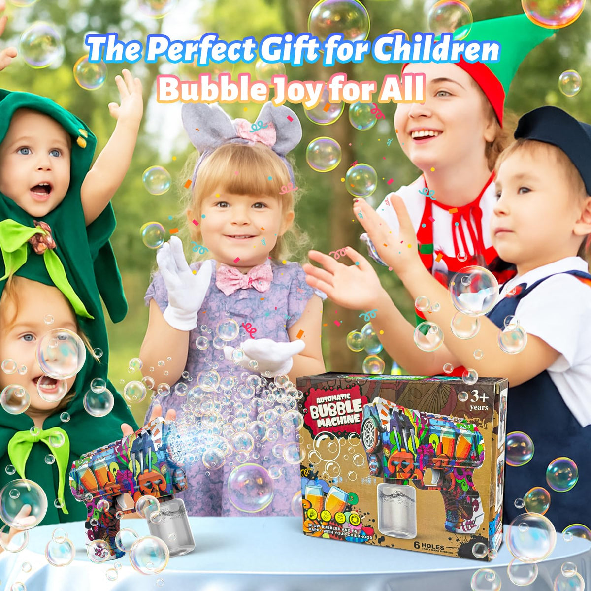 VORBLIX Bubble Gun with LED Lights – 6-Hole Bubble Blaster for Kids 3-8 | Leak-Proof Outdoor Toy