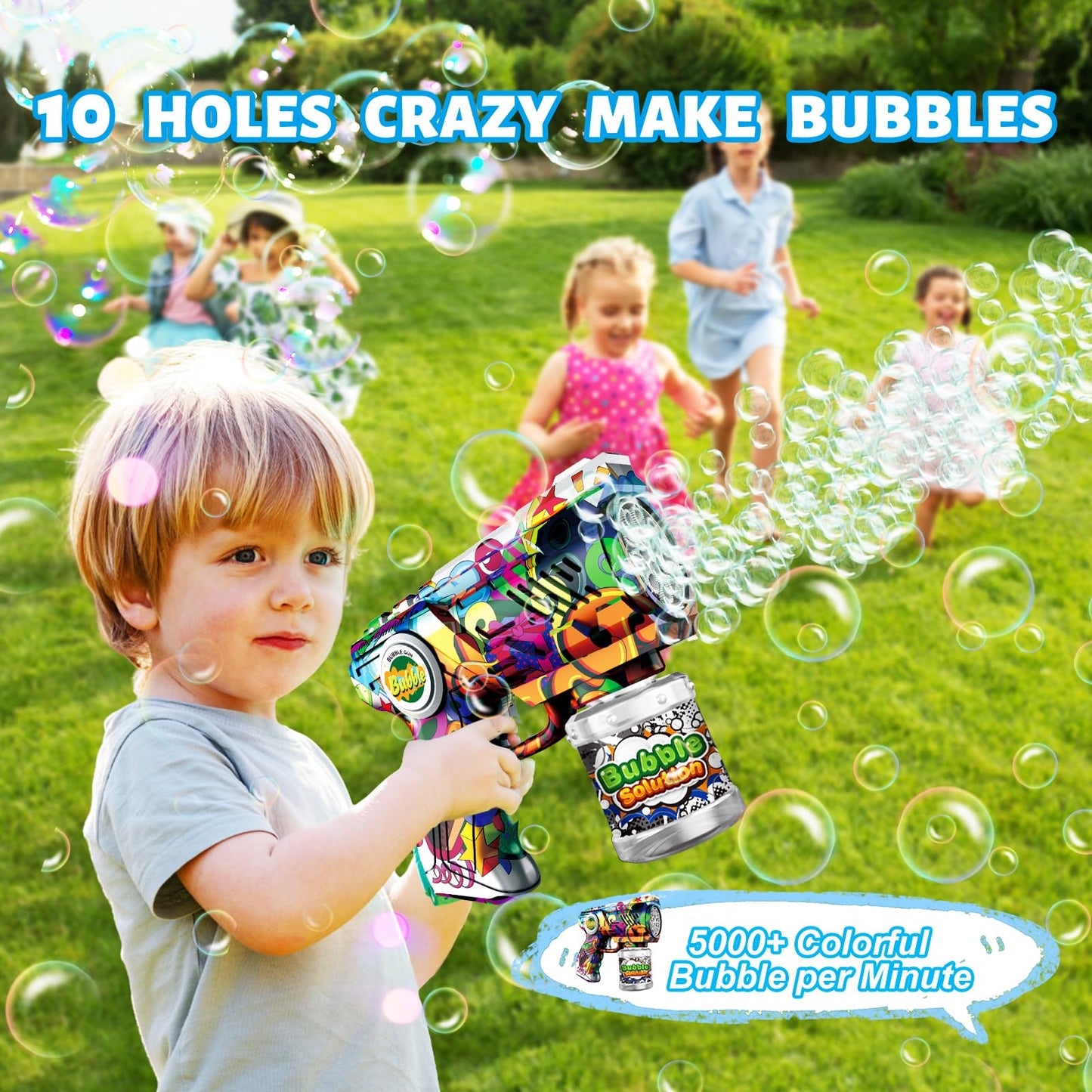 VORBLIX Bubble Gun with LED Lights | 10-Hole Auto Bubble Machine for Kids 3-8 | Leak-Proof Outdoor Toy