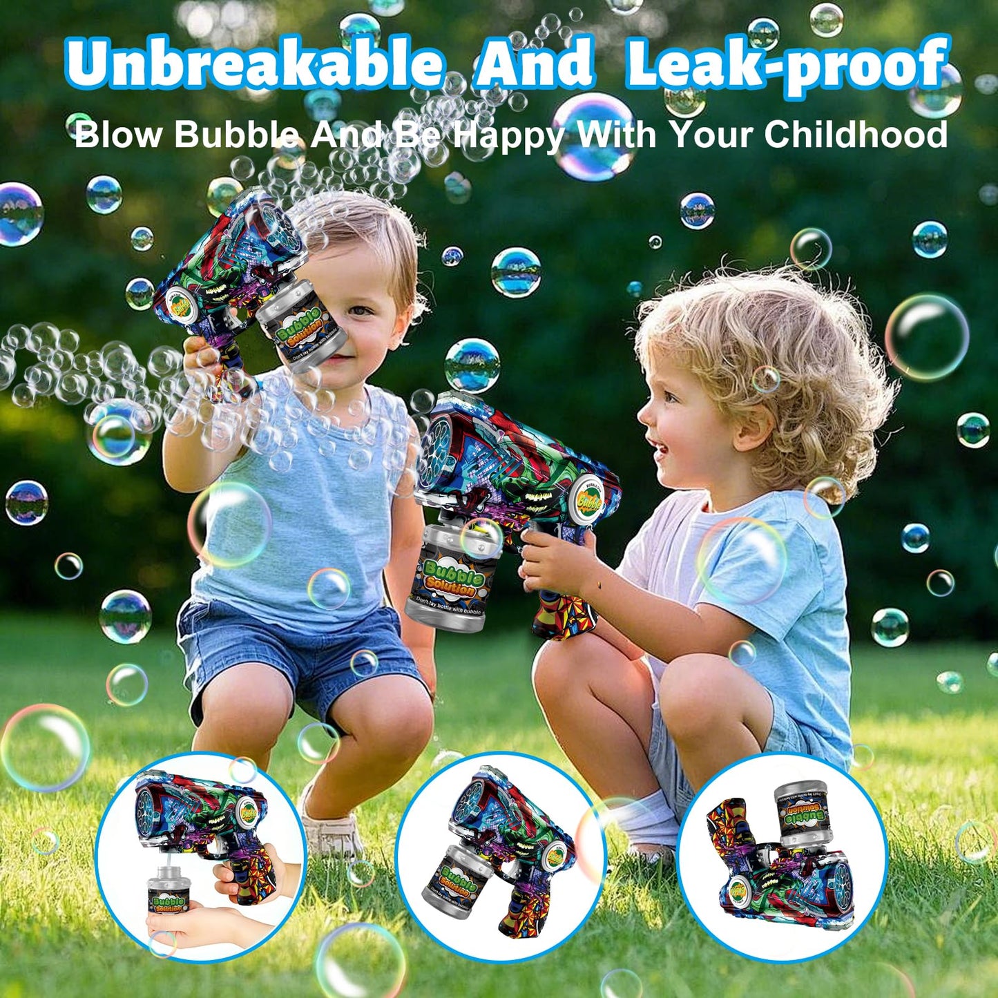 VORBLIX Bubble Gun for Kids — LED Lights, 10-Hole Auto Bubble Machine, Leak-Proof Design