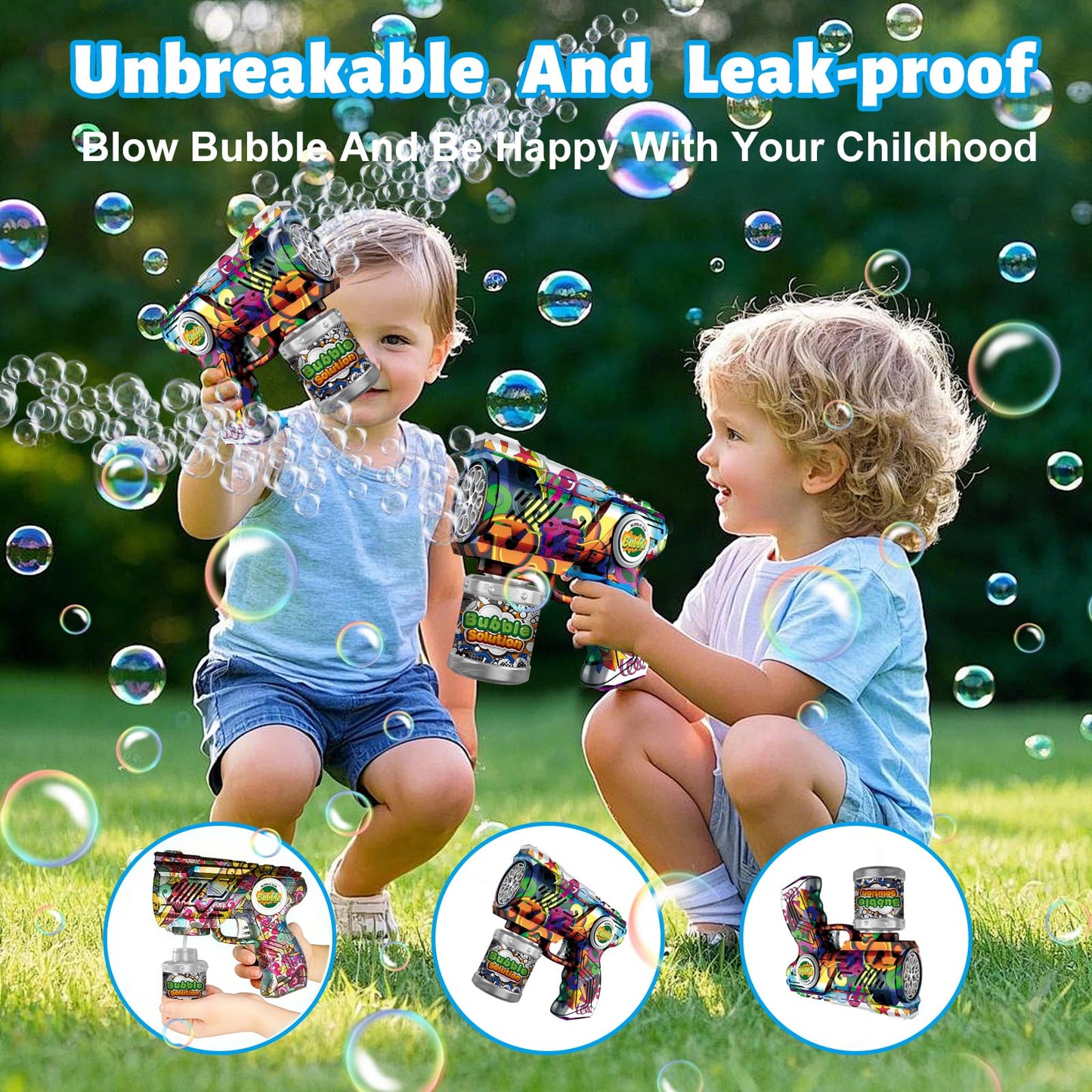 VORBLIX Bubble Gun with LED Lights | 10-Hole Auto Bubble Machine for Kids 3-8 | Leak-Proof Outdoor Toy