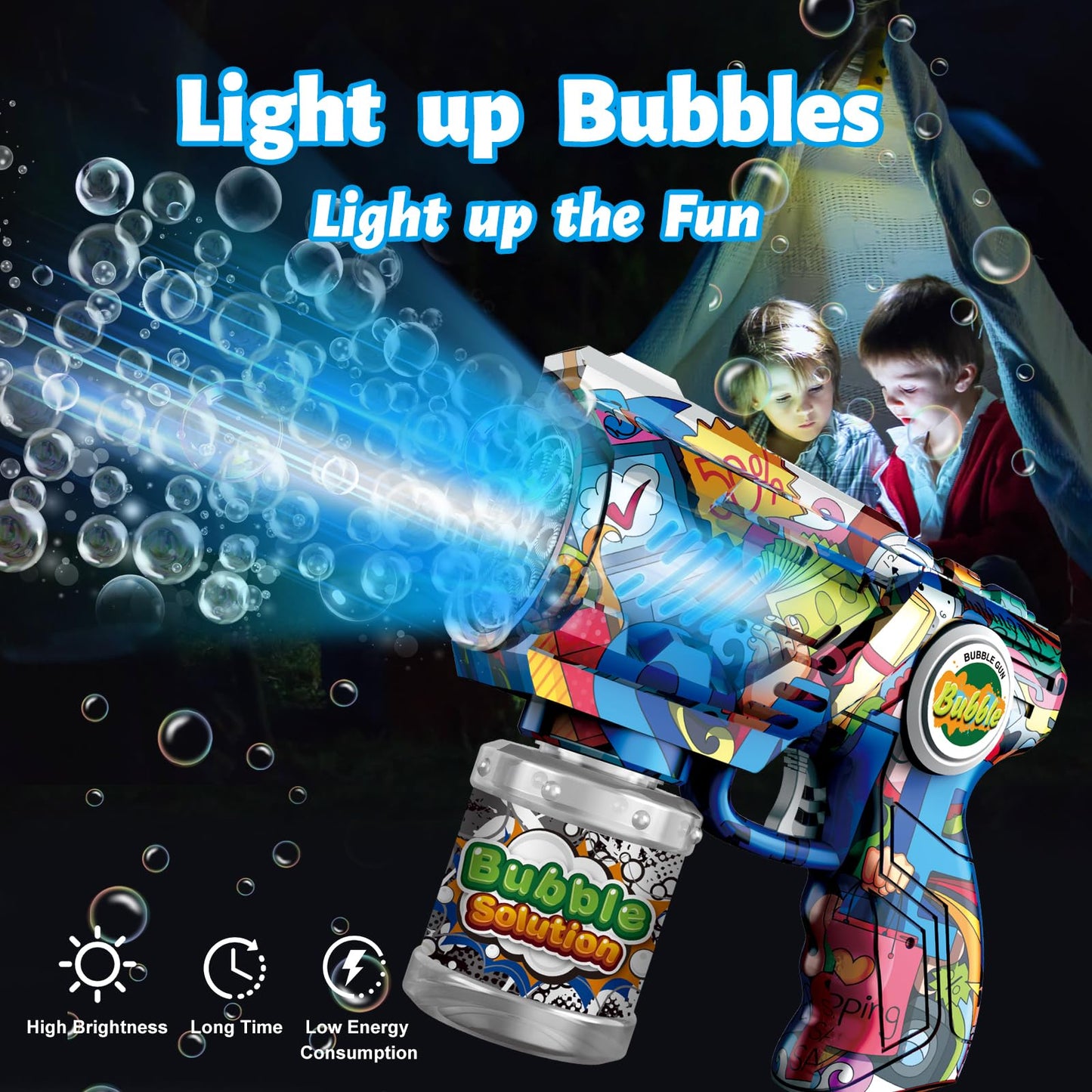 VORBLIX Bubble Gun with LED Lights – 10-Hole Automatic Bubble Machine for Kids 3-8