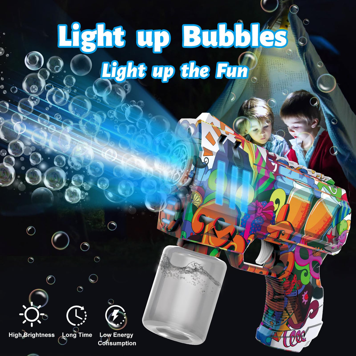 VORBLIX Bubble Gun with LED Lights – 6-Hole Bubble Blaster for Kids 3-8 | Leak-Proof Outdoor Toy