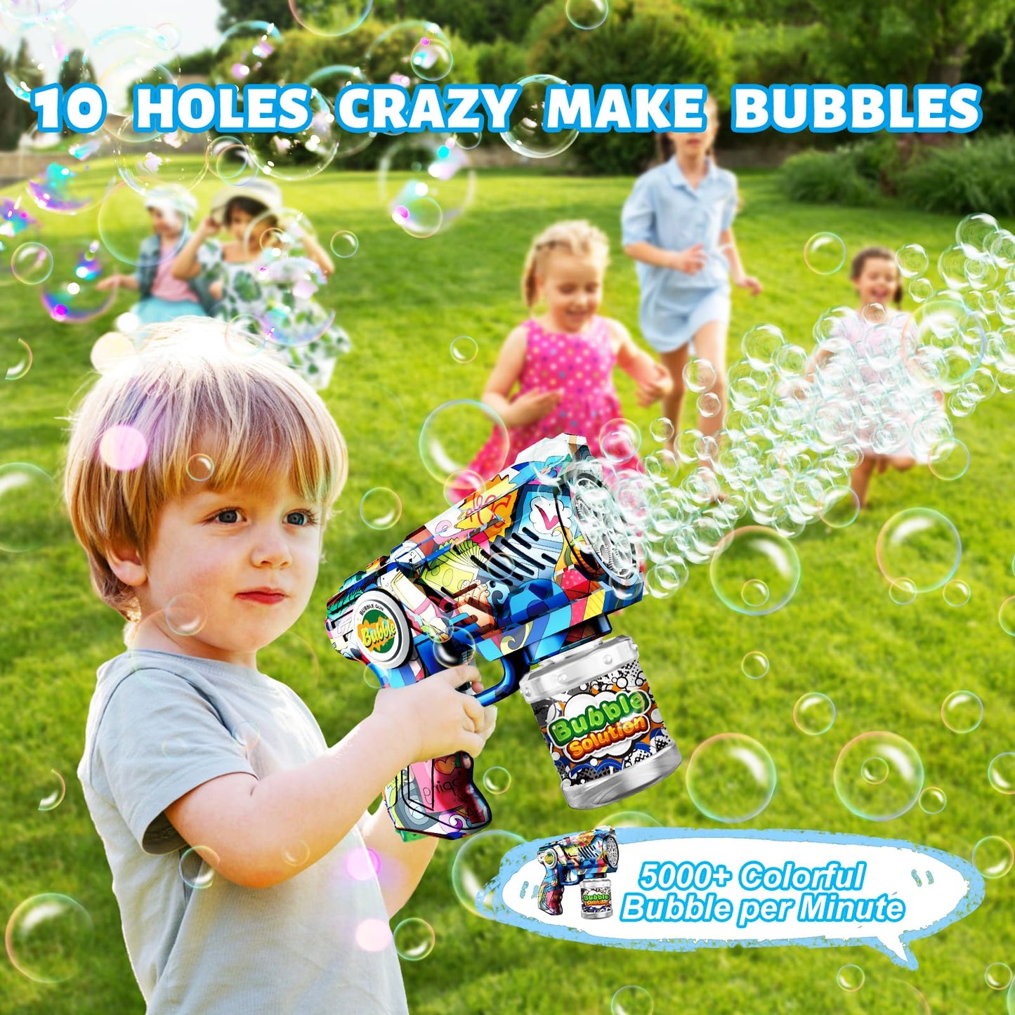 VORBLIX Bubble Gun with LED Lights – 10-Hole Automatic Bubble Machine for Kids 3-8