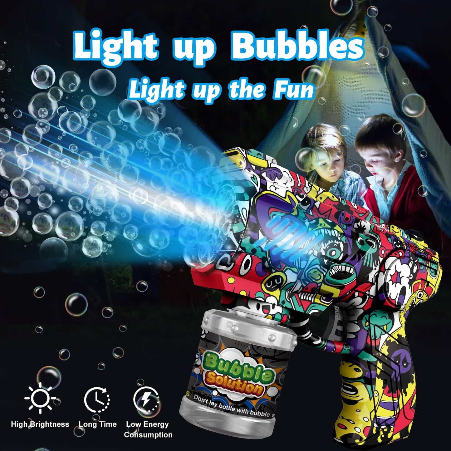 VORBLIX Bubble Gun with LED Lights - 10-Hole Auto Bubble Machine for Kids 3-8