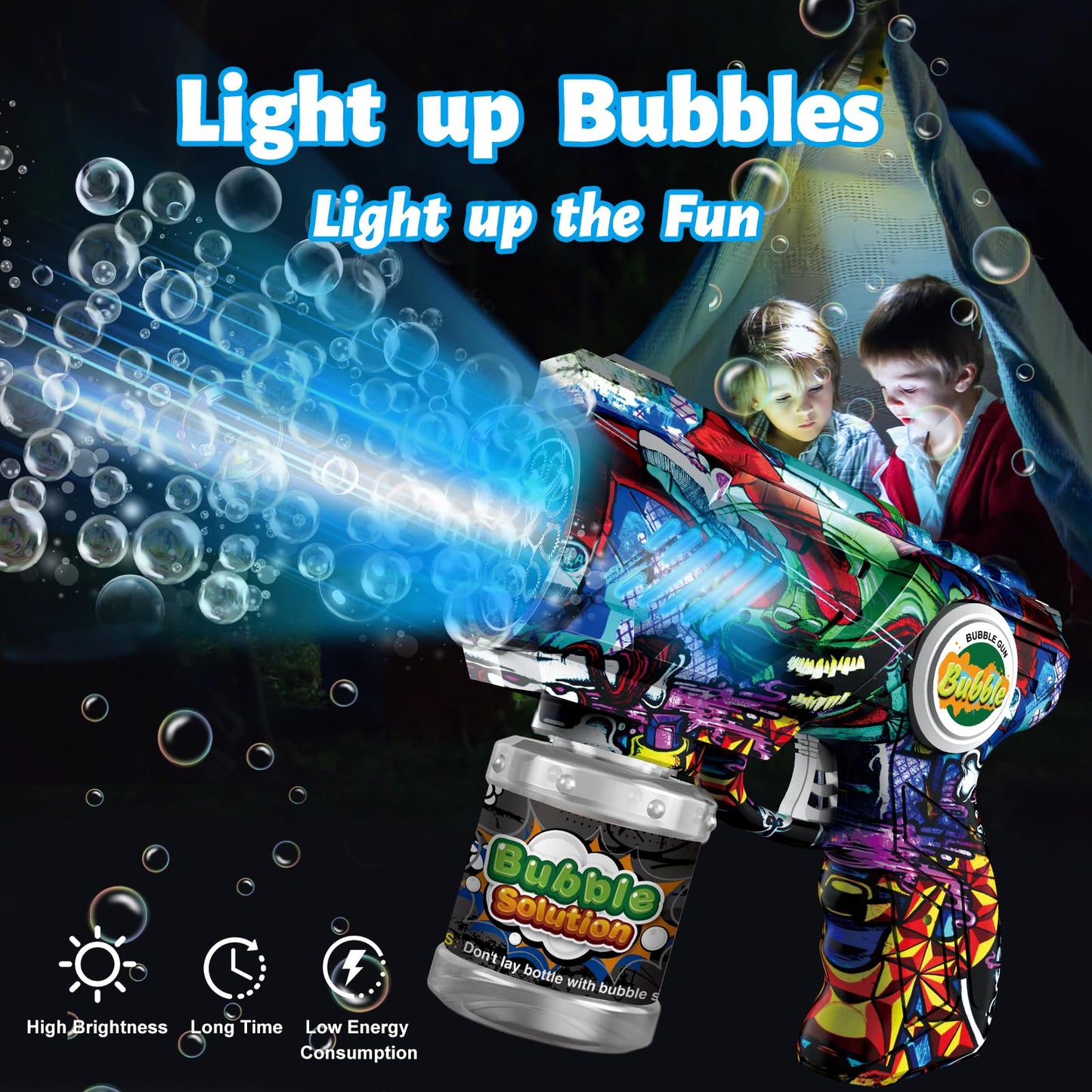 VORBLIX Bubble Gun for Kids — LED Lights, 10-Hole Auto Bubble Machine, Leak-Proof Design