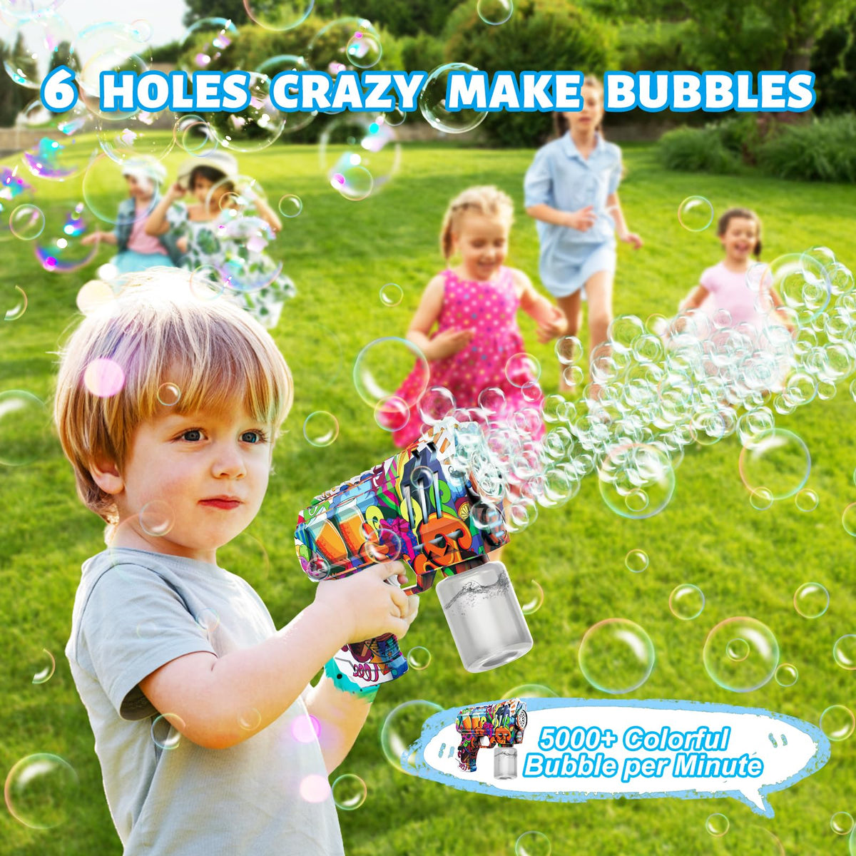 VORBLIX Bubble Gun with LED Lights – 6-Hole Bubble Blaster for Kids 3-8 | Leak-Proof Outdoor Toy