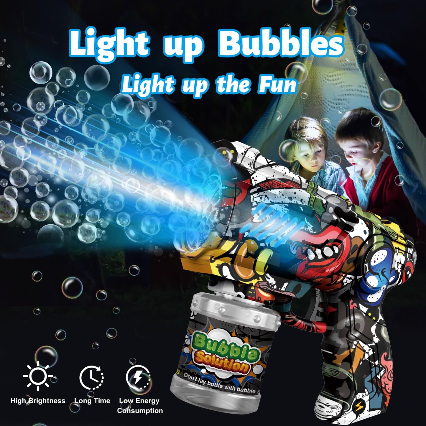 VORBLIX Bubble Gun for Kids – LED Lights, 10-Hole Bubble Machine, Leak-Proof (Ages 3-8)