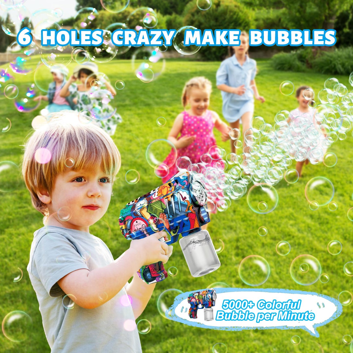VORBLIX Bubble Gun with LED Lights - 6-Hole, Leak-Proof Bubble Blaster for Kids 3-8