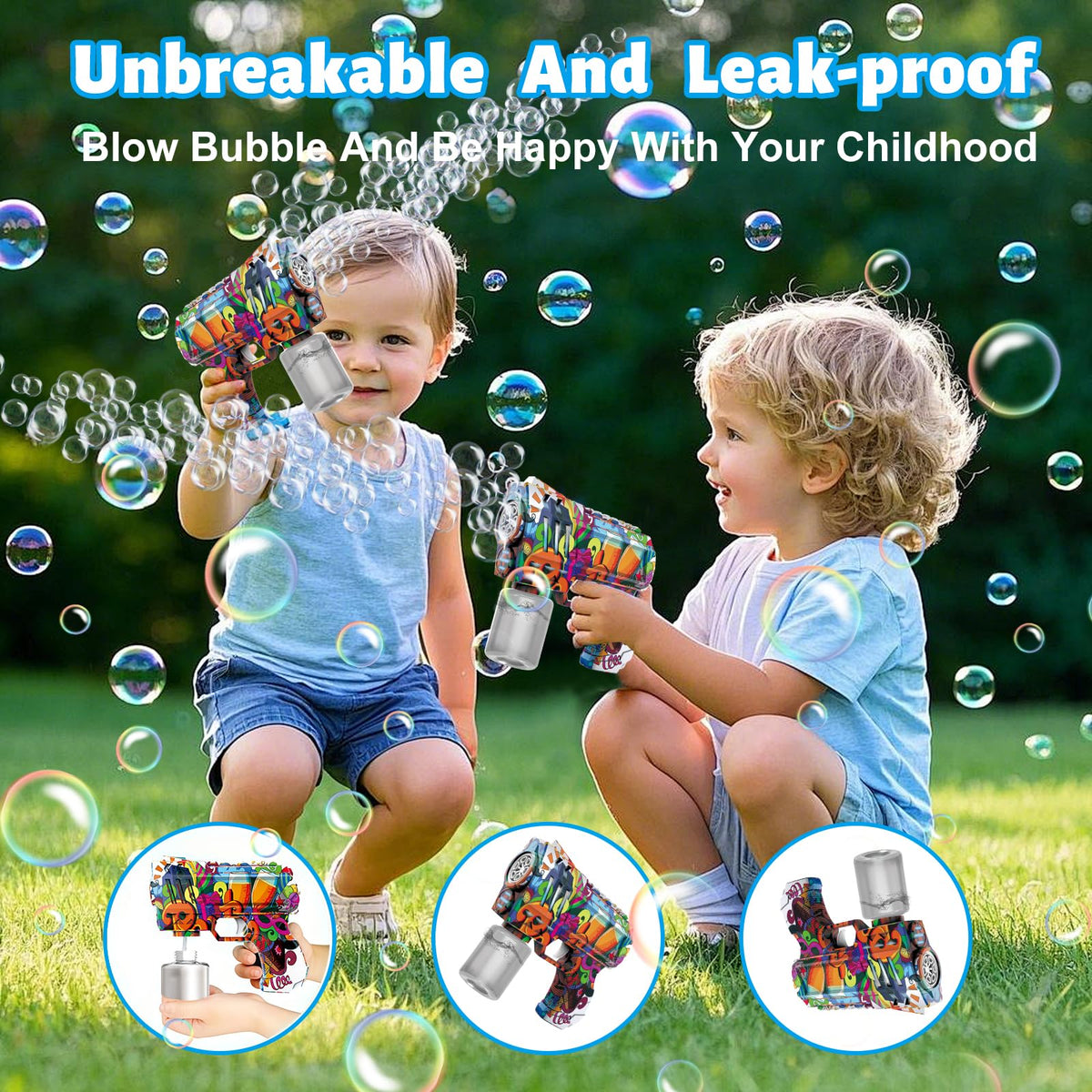 VORBLIX Bubble Gun with LED Lights – 6-Hole Bubble Blaster for Kids 3-8 | Leak-Proof Outdoor Toy
