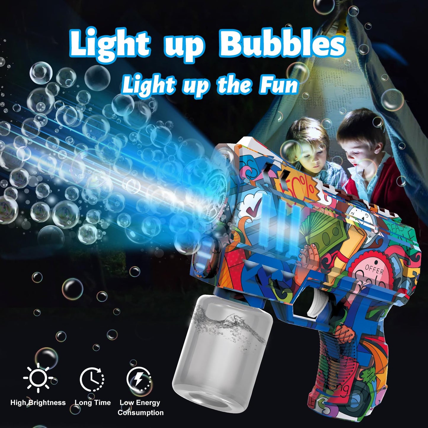 VORBLIX Bubble Gun with LED Lights - 6-Hole, Leak-Proof Bubble Blaster for Kids 3-8