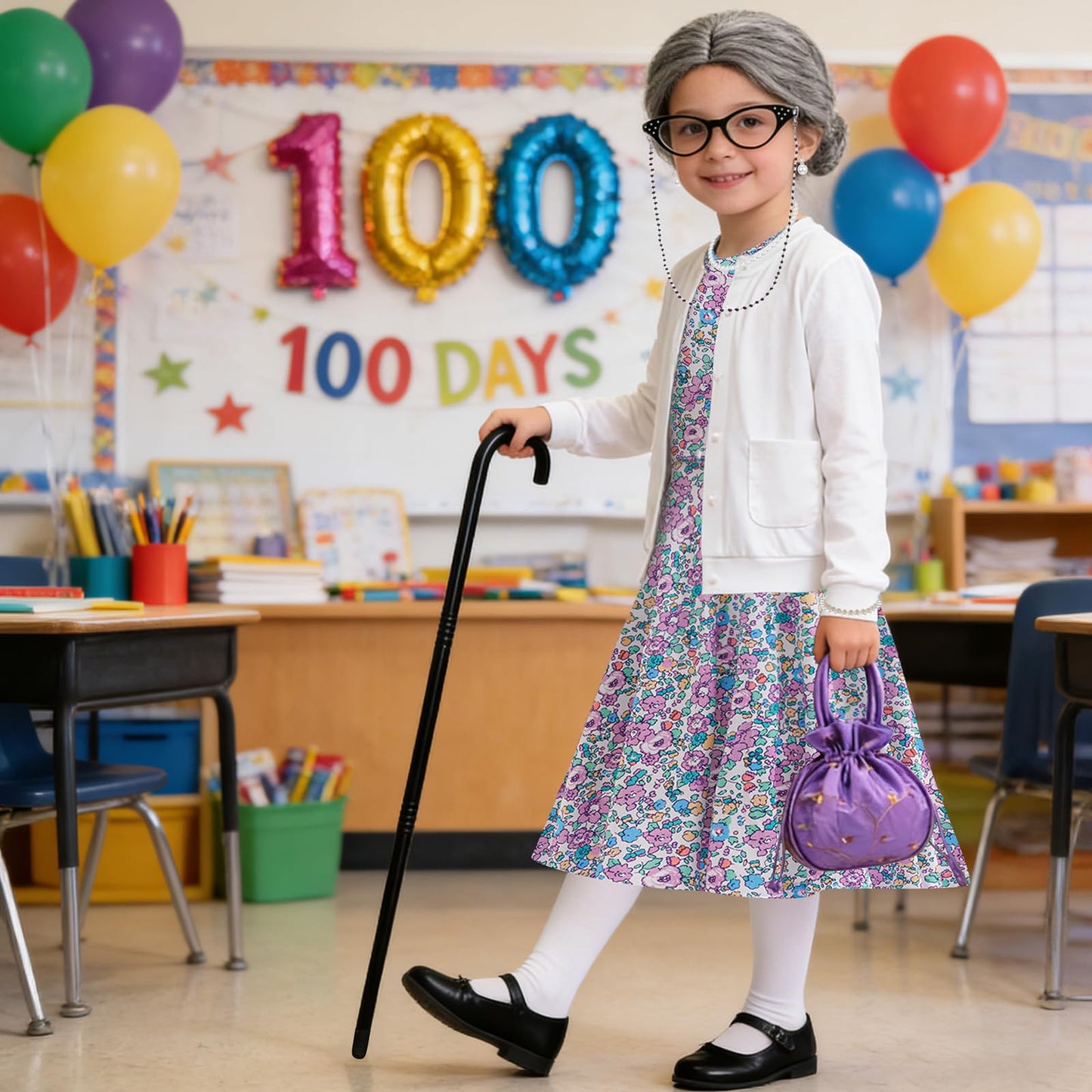 VORLITS 100 Days of School Old Lady Costume for Girls – 100th Day Dress-Up Pack