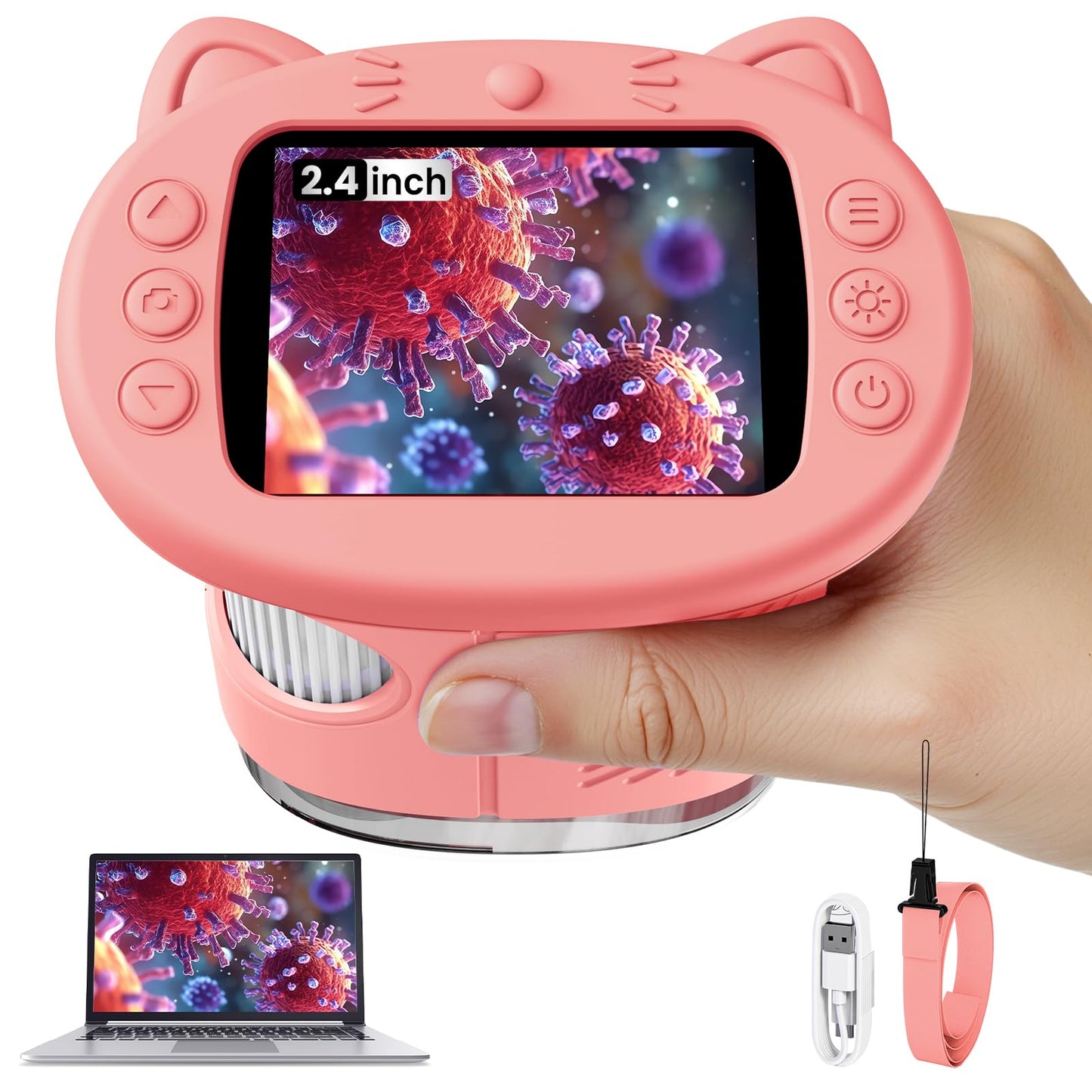 Vorth Kids Microscope | 2.4-Inch Digital Scope, 1000X Magnification, Pink