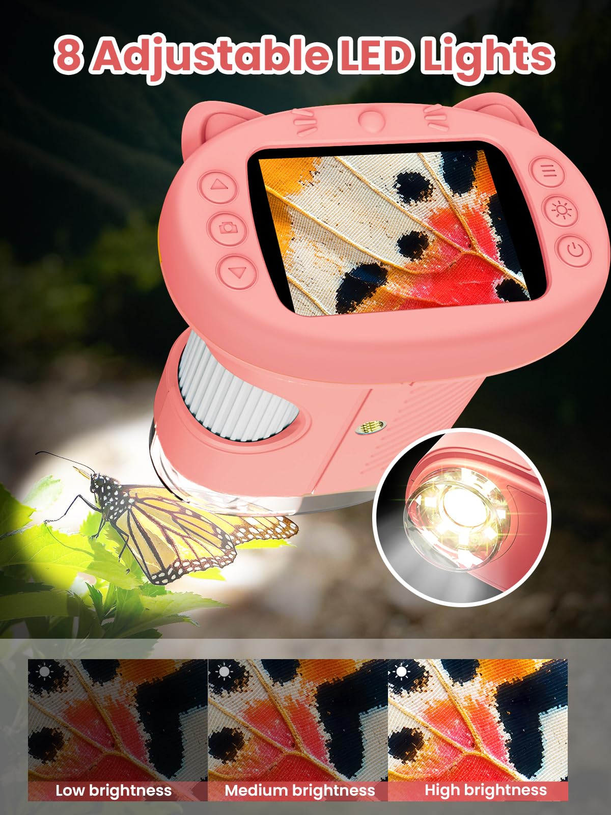 Vorth Kids Microscope | 2.4-Inch Digital Scope, 1000X Magnification, Pink