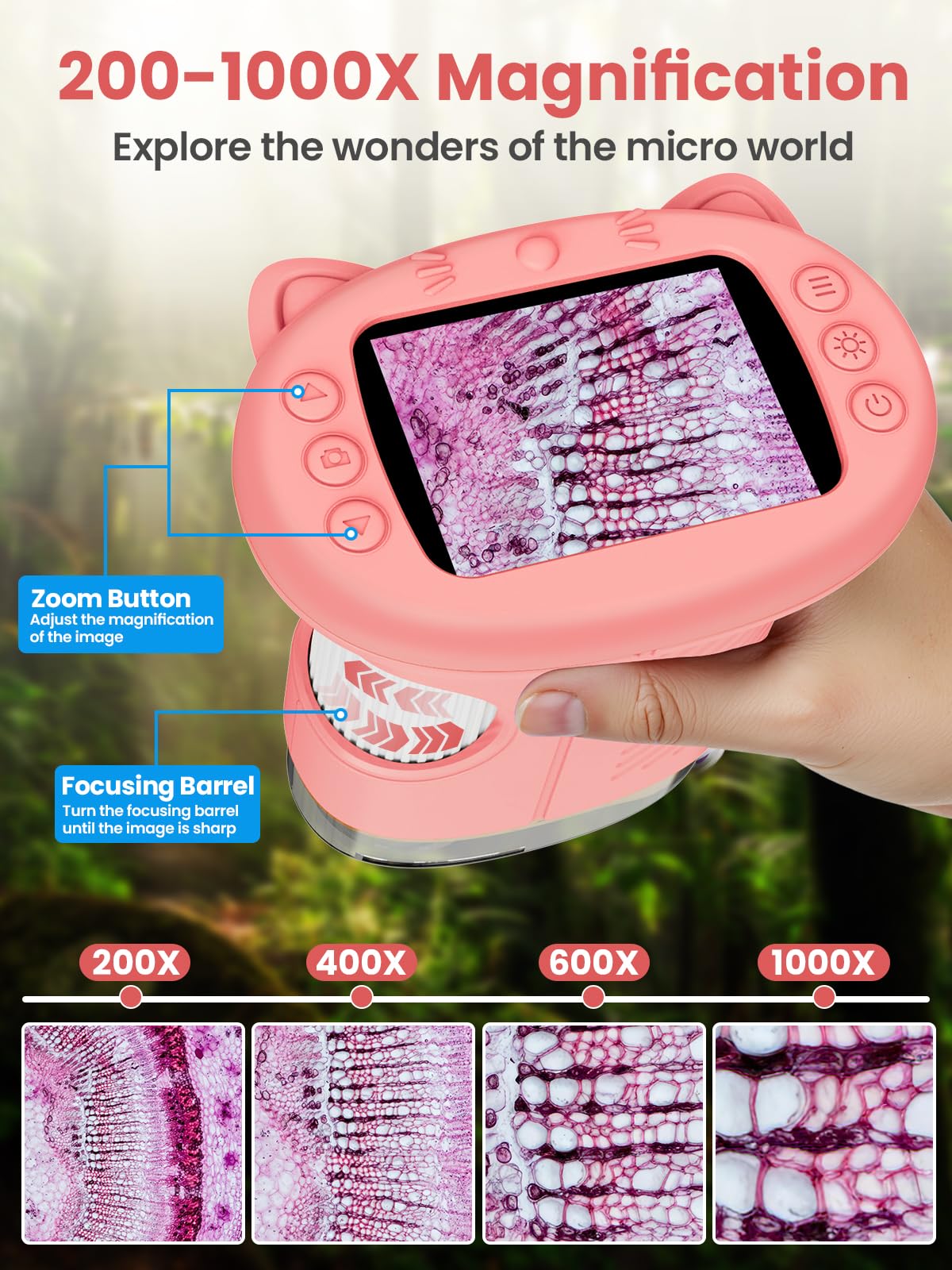 Vorth Kids Microscope | 2.4-Inch Digital Scope, 1000X Magnification, Pink