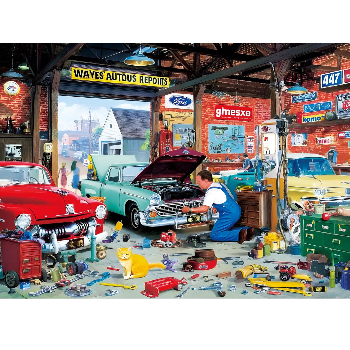 VoYouTwo 300-Piece Auto Repair Shop Puzzle – Cat & Car Theme (20.5 x 15 in)