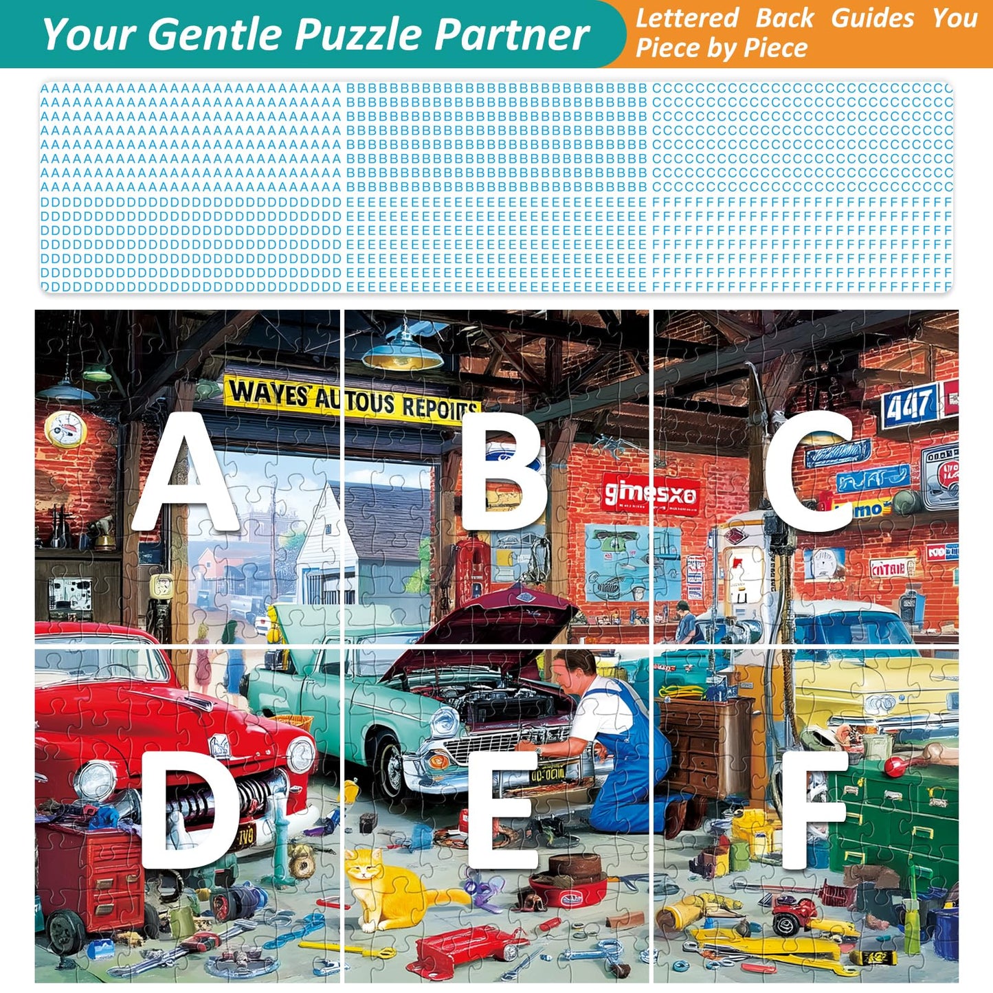 VoYouTwo 300-Piece Auto Repair Shop Puzzle – Cat & Car Theme (20.5 x 15 in)