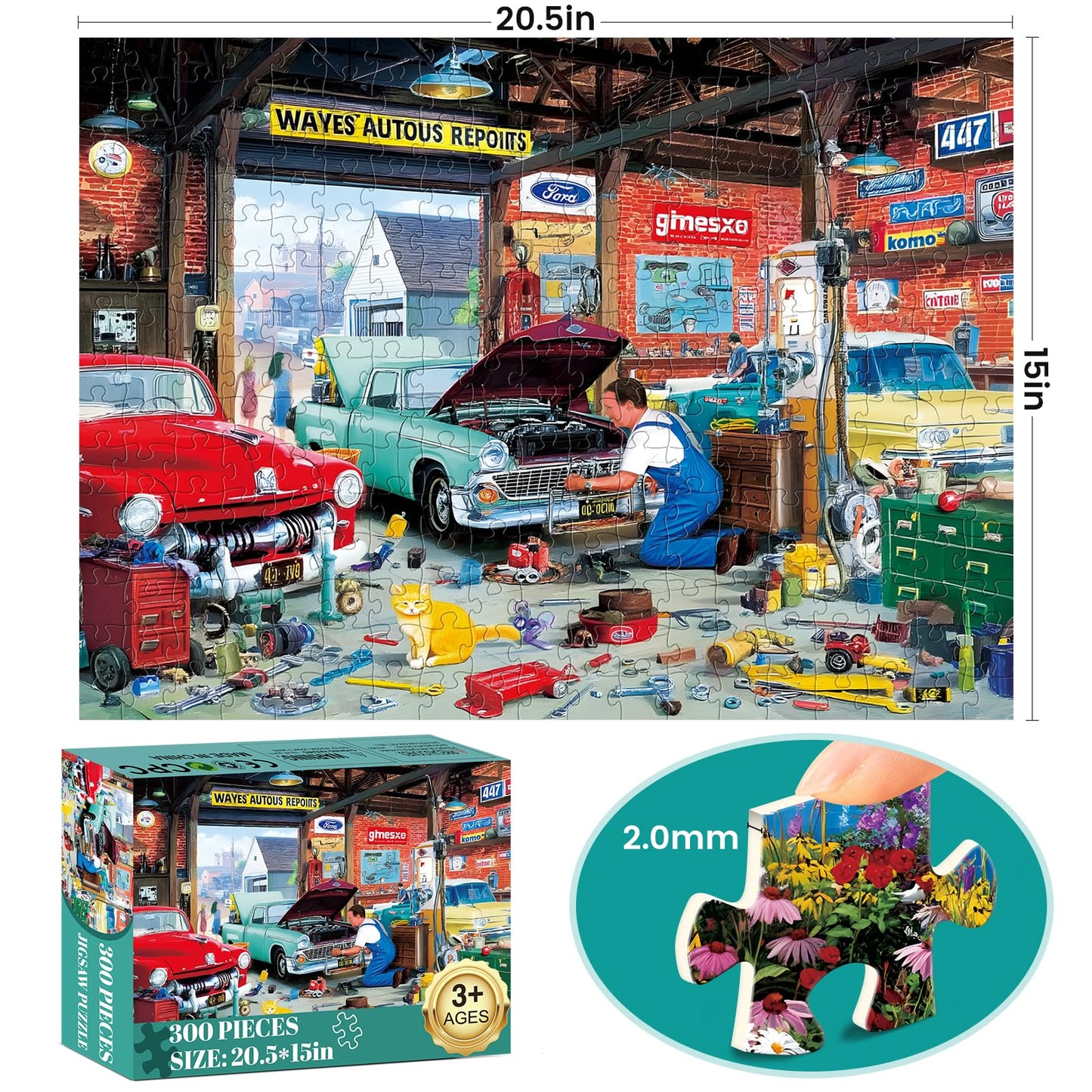 VoYouTwo 300-Piece Auto Repair Shop Puzzle – Cat & Car Theme (20.5 x 15 in)