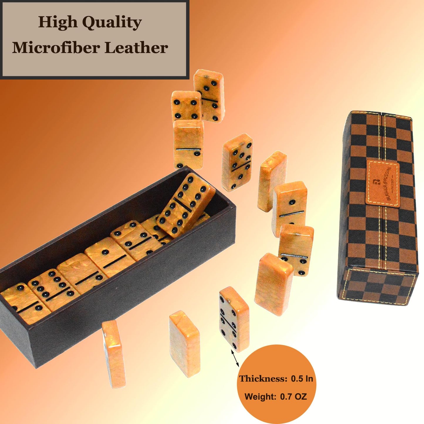 Vovotuzzi Dominos Set for Adults & Kids — 28 Marbleized Gold Tiles in Brown Leather Travel Case