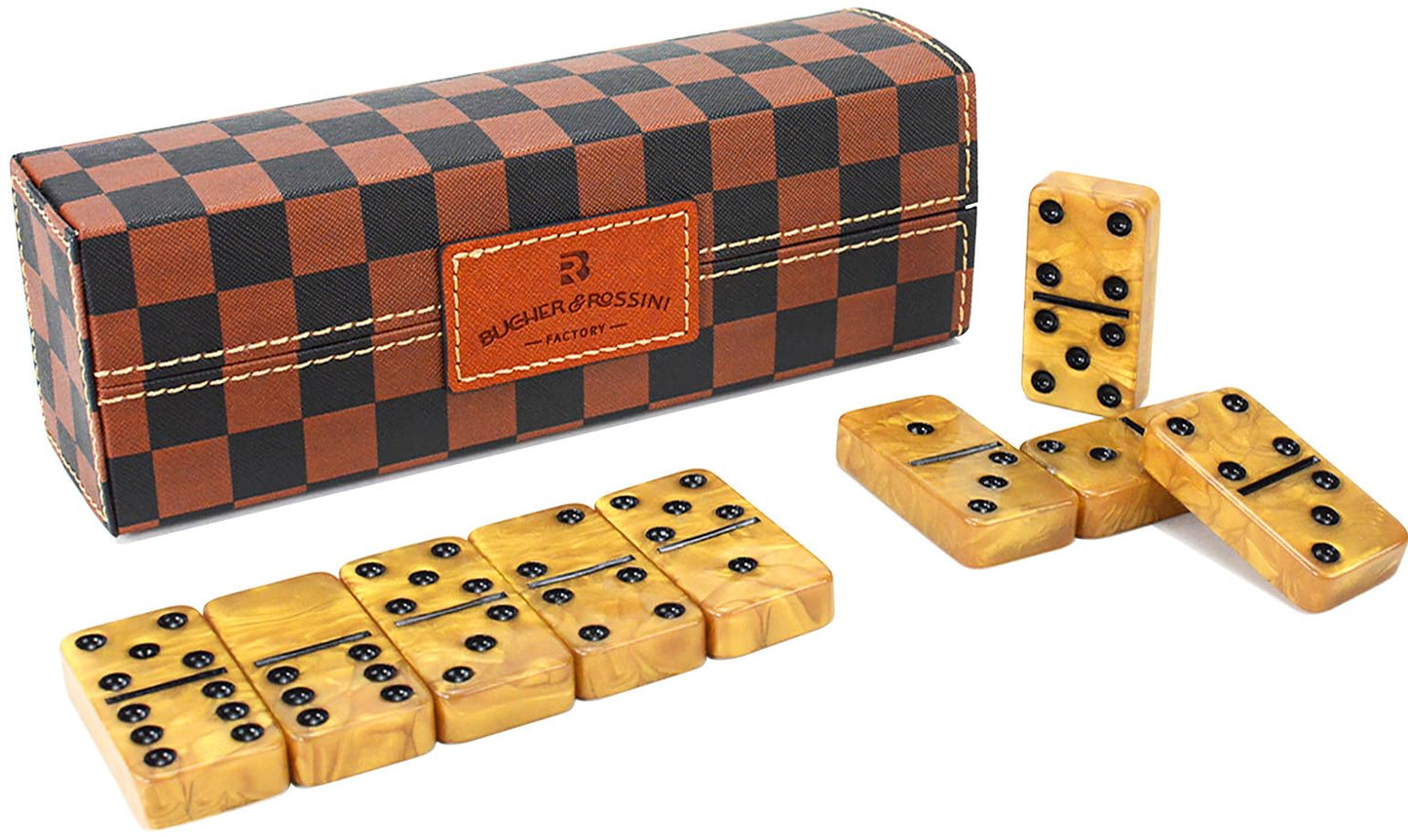 Vovotuzzi Dominos Set for Adults & Kids — 28 Marbleized Gold Tiles in Brown Leather Travel Case