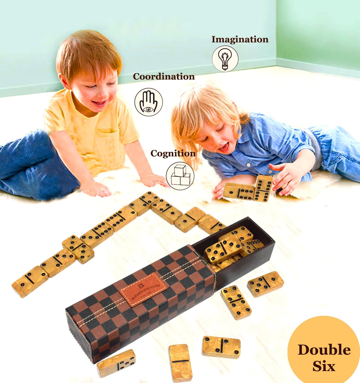 Vovotuzzi Dominos Set for Adults & Kids — 28 Marbleized Gold Tiles in Brown Leather Travel Case