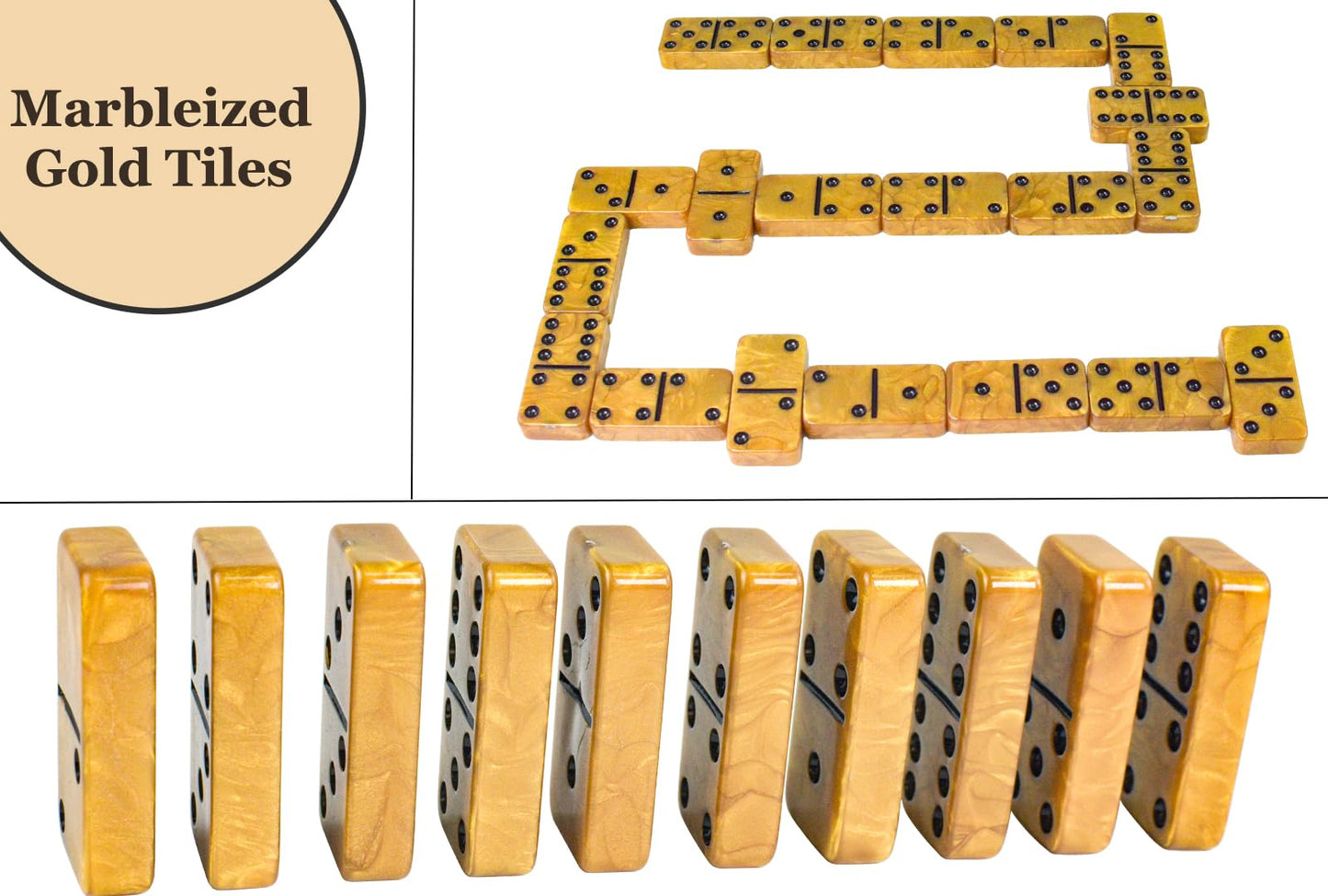 Vovotuzzi Dominos Set for Adults & Kids — 28 Marbleized Gold Tiles in Brown Leather Travel Case