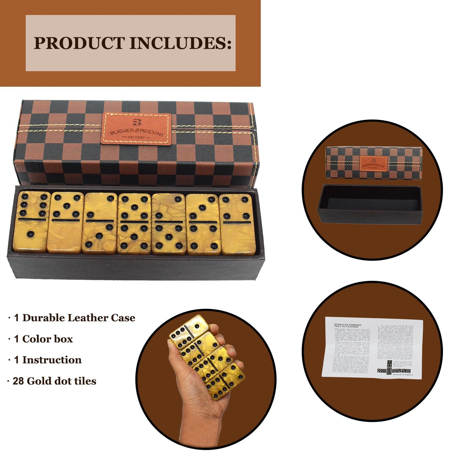 Vovotuzzi Dominos Set for Adults & Kids — 28 Marbleized Gold Tiles in Brown Leather Travel Case