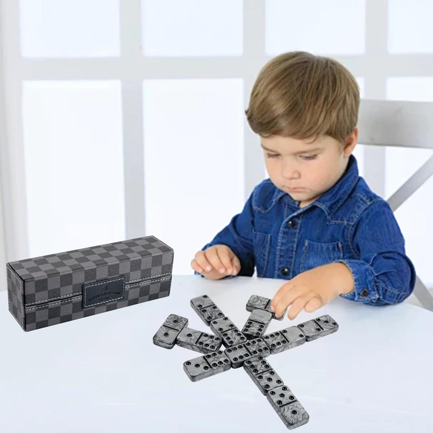 Vovotuzzi Dominoes Set for Adults - Double Six Jumbo 28 Tiles in Marbleized Black & Gray Case