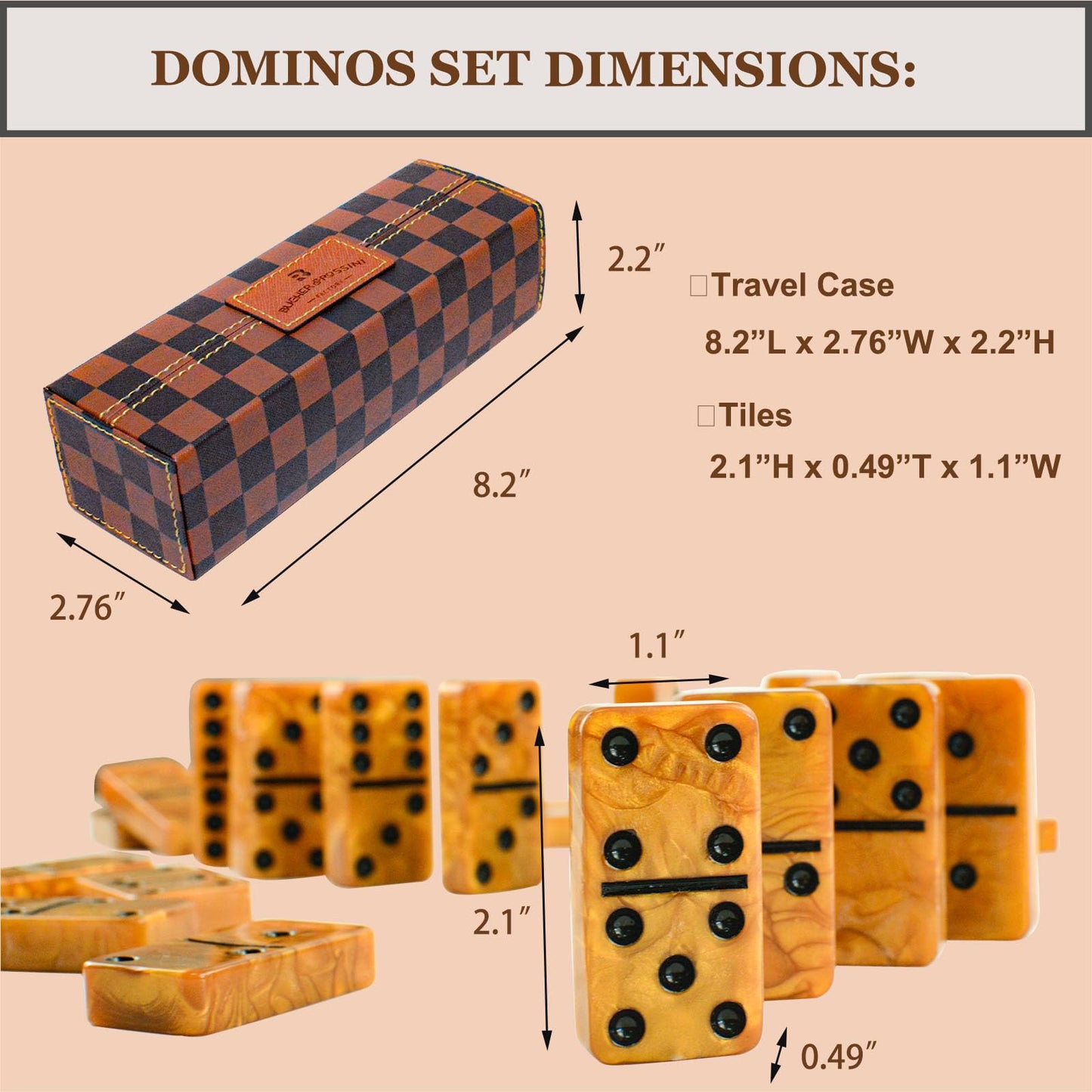 Vovotuzzi Dominos Set for Adults & Kids — 28 Marbleized Gold Tiles in Brown Leather Travel Case