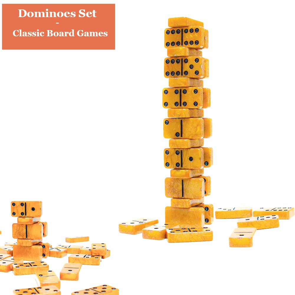 Vovotuzzi Dominos Set for Adults & Kids — 28 Marbleized Gold Tiles in Brown Leather Travel Case