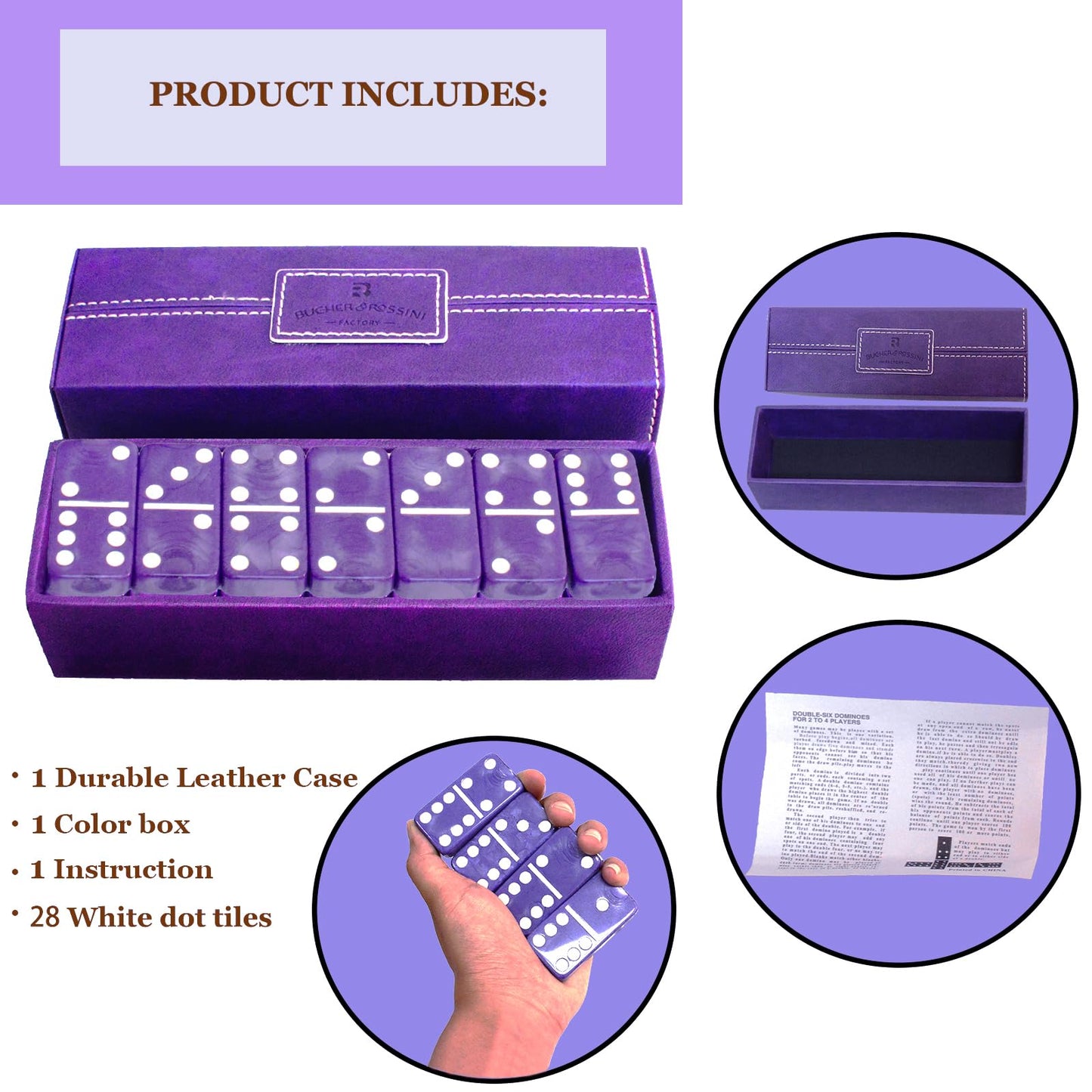 Vovotuzzi Dominos Set for Adults & Kids – Double Six Purple Tiles with Leather Case