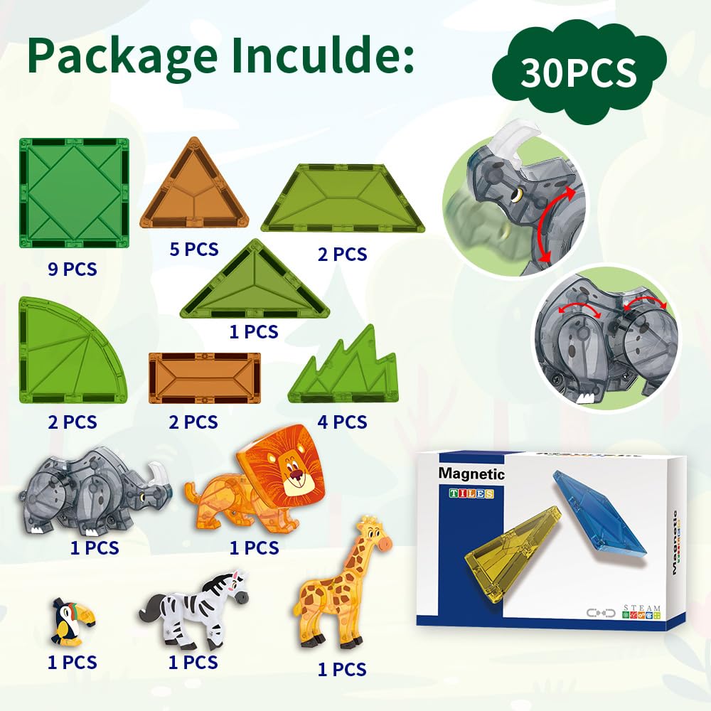 Voxifyx Magnetic Tiles Set Grassland Animals – STEM Building Toys for Kids 5-7