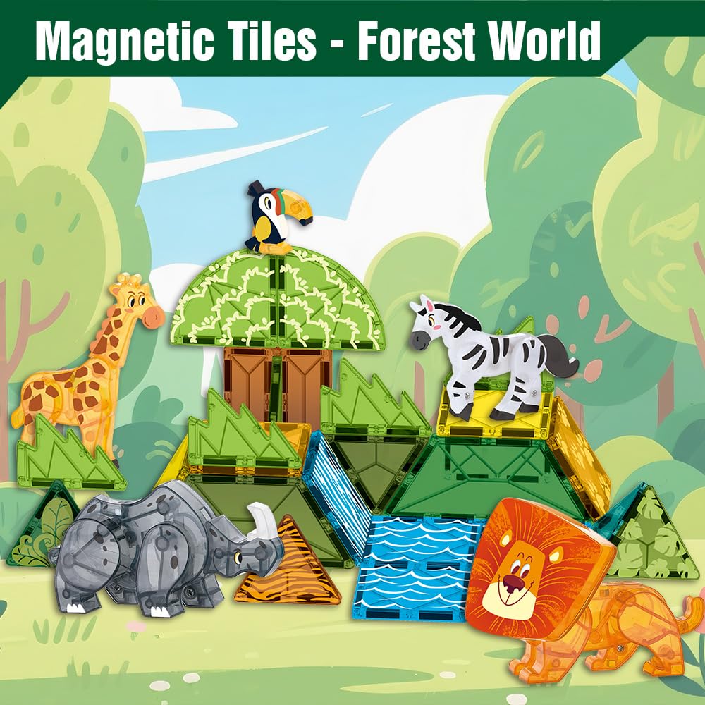 Voxifyx Magnetic Tiles Set Grassland Animals – STEM Building Toys for Kids 5-7